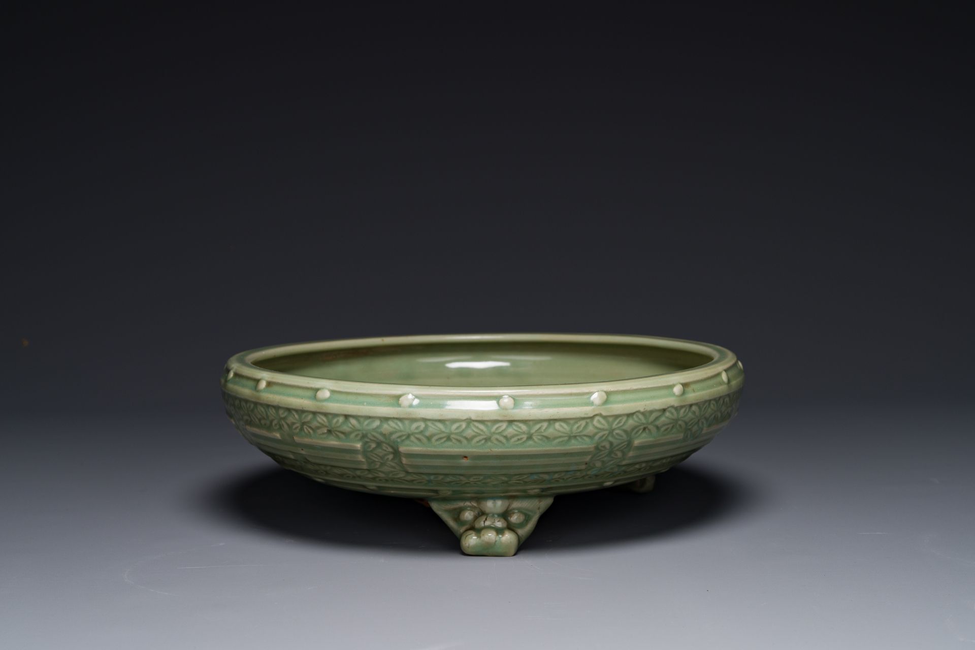 A large Chinese Longquan celadon 'trigrams' censer on wooden stand, Ming - Image 3 of 5