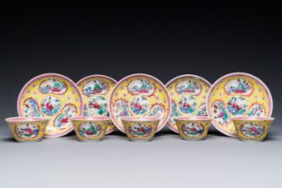 Five Chinese famille rose yellow-ground cups and saucers with 'four arts å››è—' decoration, Yongzhe