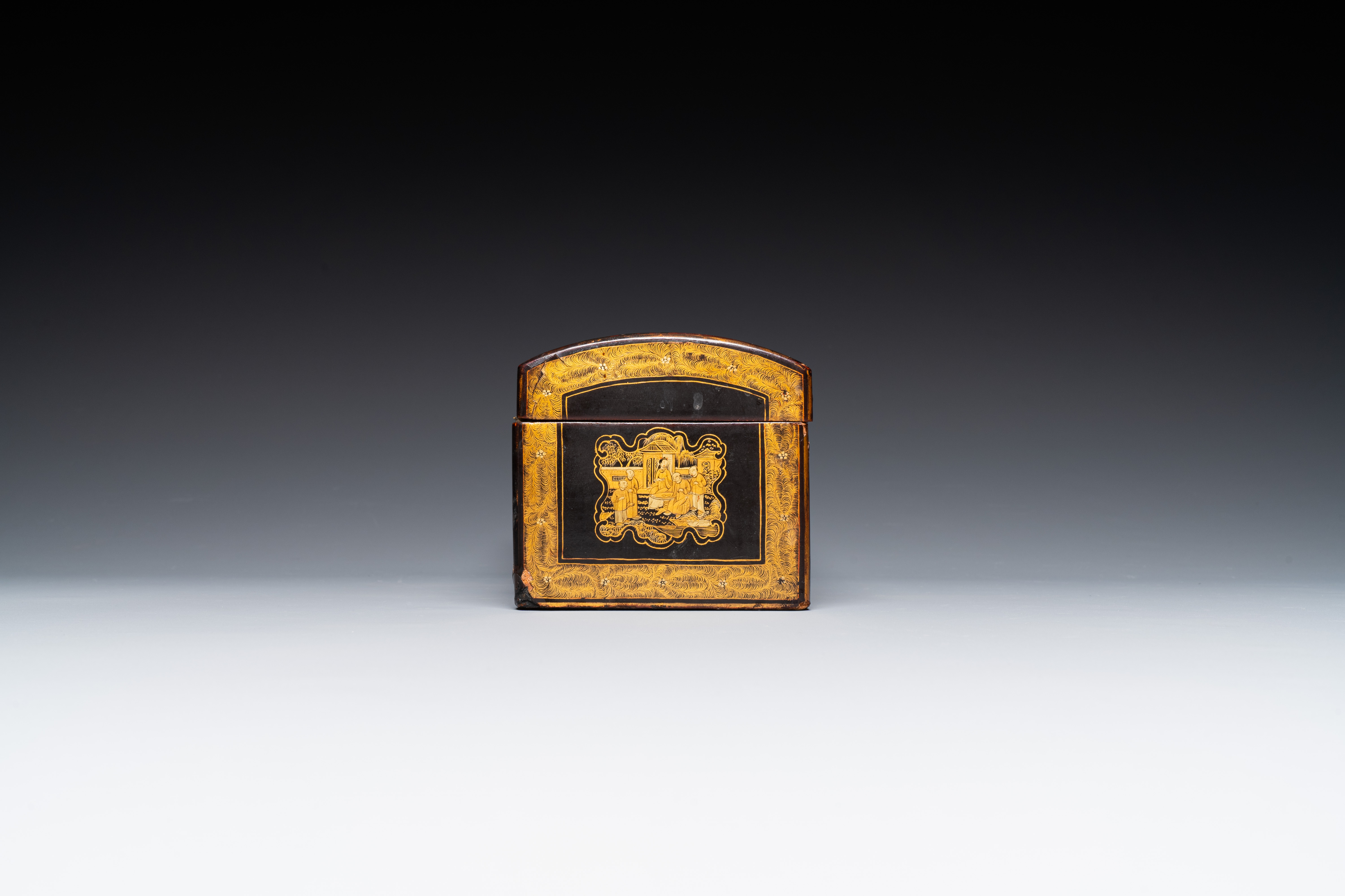 A large Chinese Canton gilt black lacquer tray, thee boxes and a fan, 19th C. - Image 11 of 17