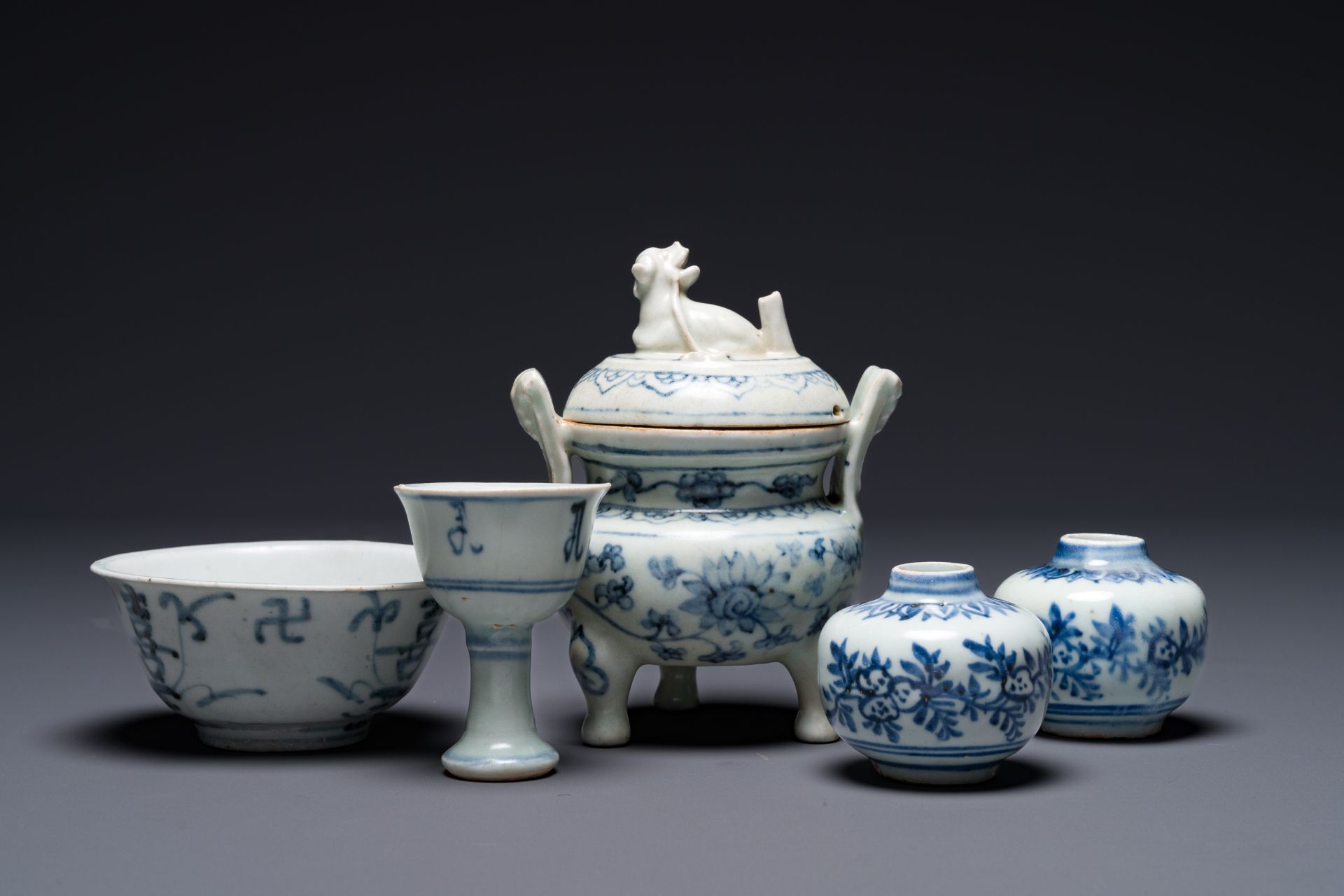 Two Chinese blue and white jars, a stem cup, a bowl and a censer, Chenghua mark, Ming - Image 2 of 3