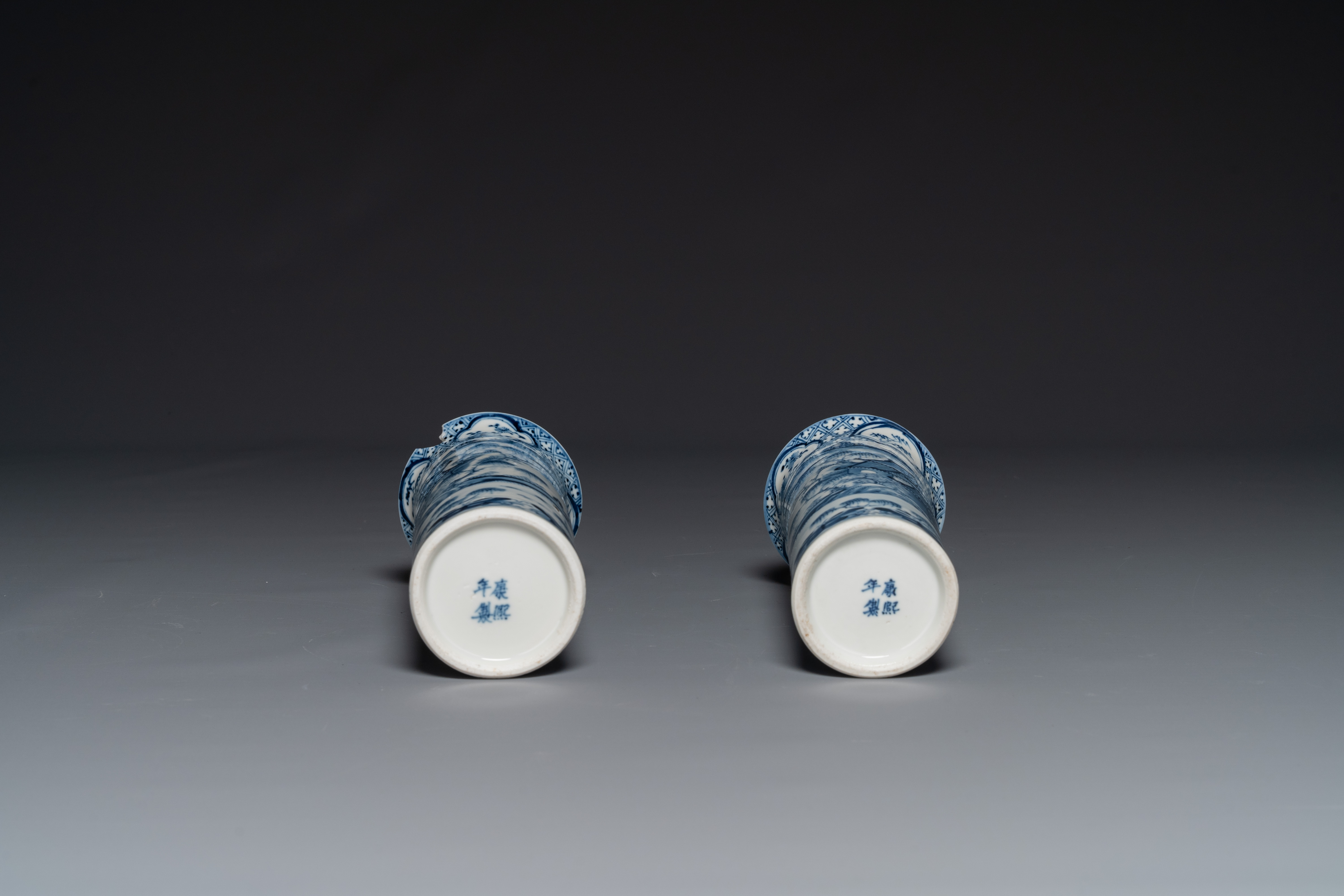 A Chinese blue and white garniture of five vases with landscape design, 19th C. - Image 6 of 6