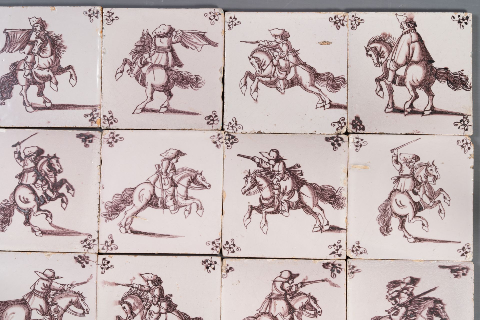 Fifteen Dutch Delft manganese tiles with horse riders, late 17th C. - Image 7 of 13