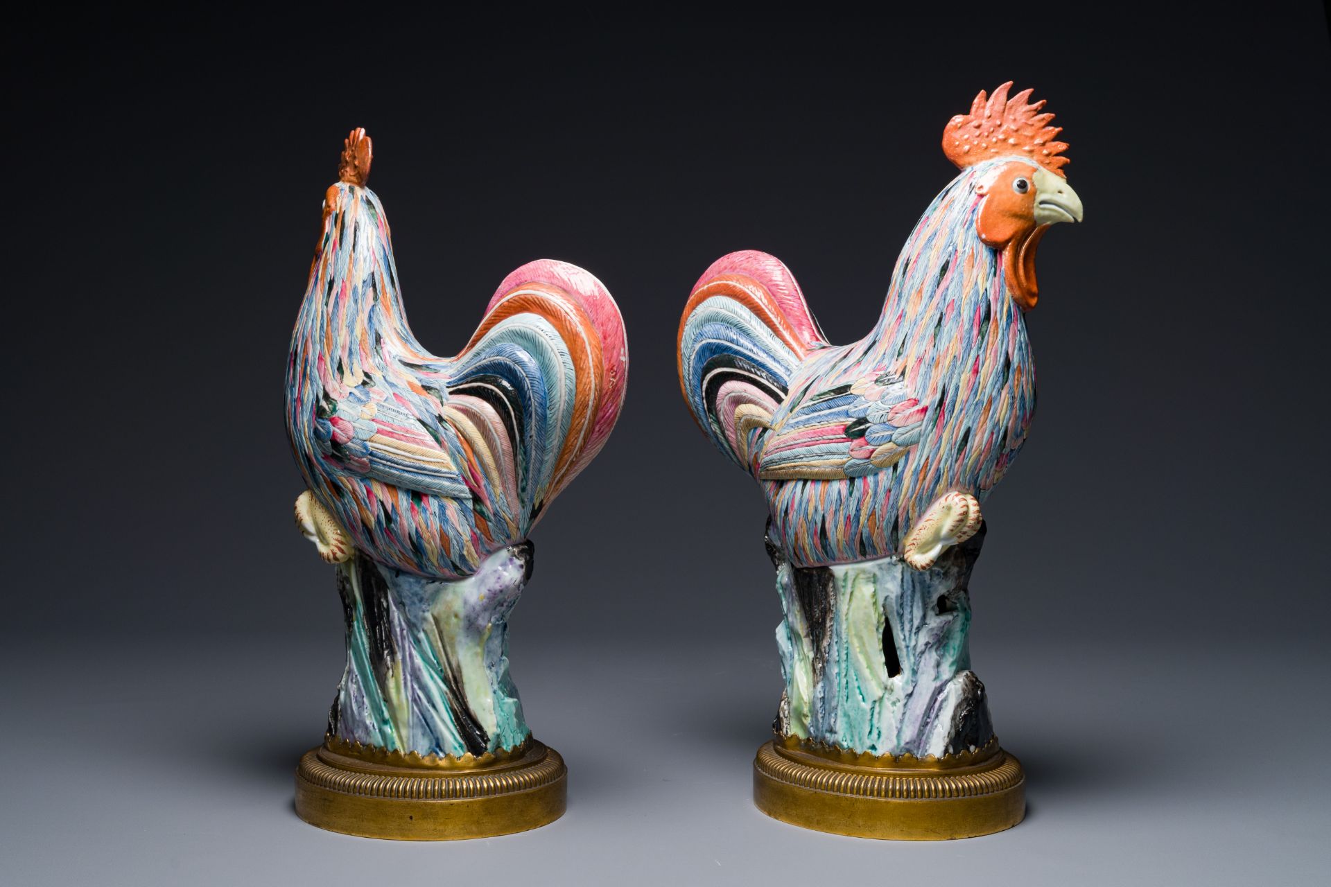 A pair of large Chinese famille rose models of roosters with gilt bronze mounts, Qianlong - Image 3 of 5