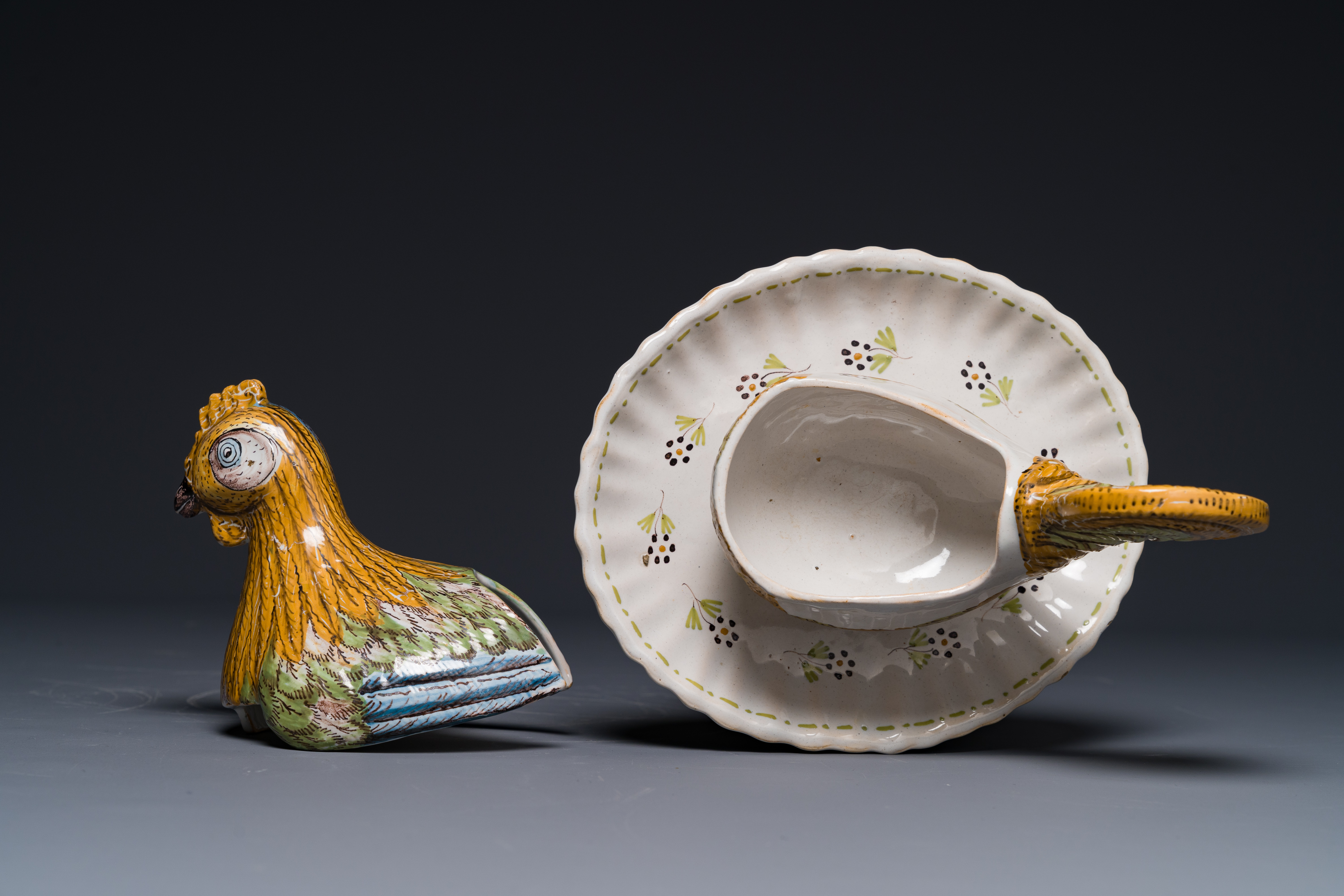A German polychrome faience rooster-shaped tureen and cover, Abtsbessingen, 18th C. - Image 6 of 13