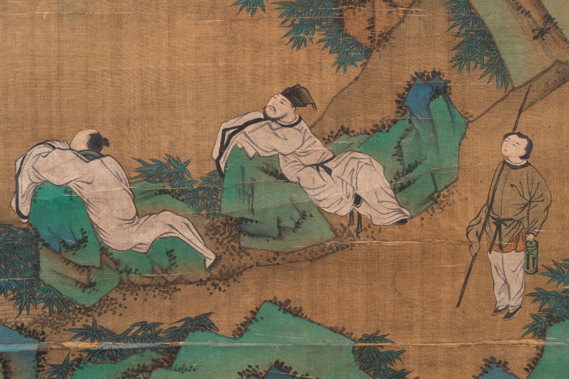 Chinese school: 'Gathering by the mountain', ink and colour on silk, 18/19th C. - Image 2 of 4