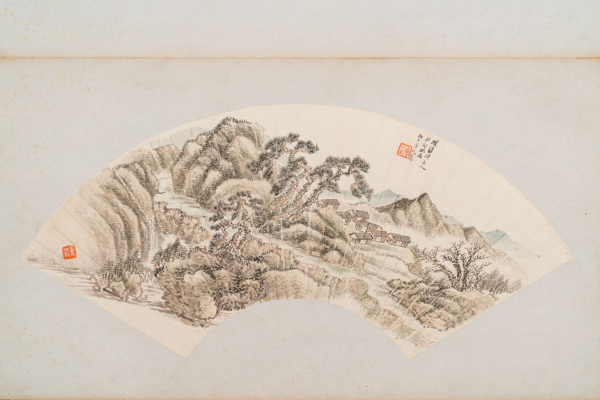 Chinese school: Four fan-shaped paintings, ink and colour on paper, signed Bosheng åšç”Ÿ, 19/20th C - Image 4 of 7