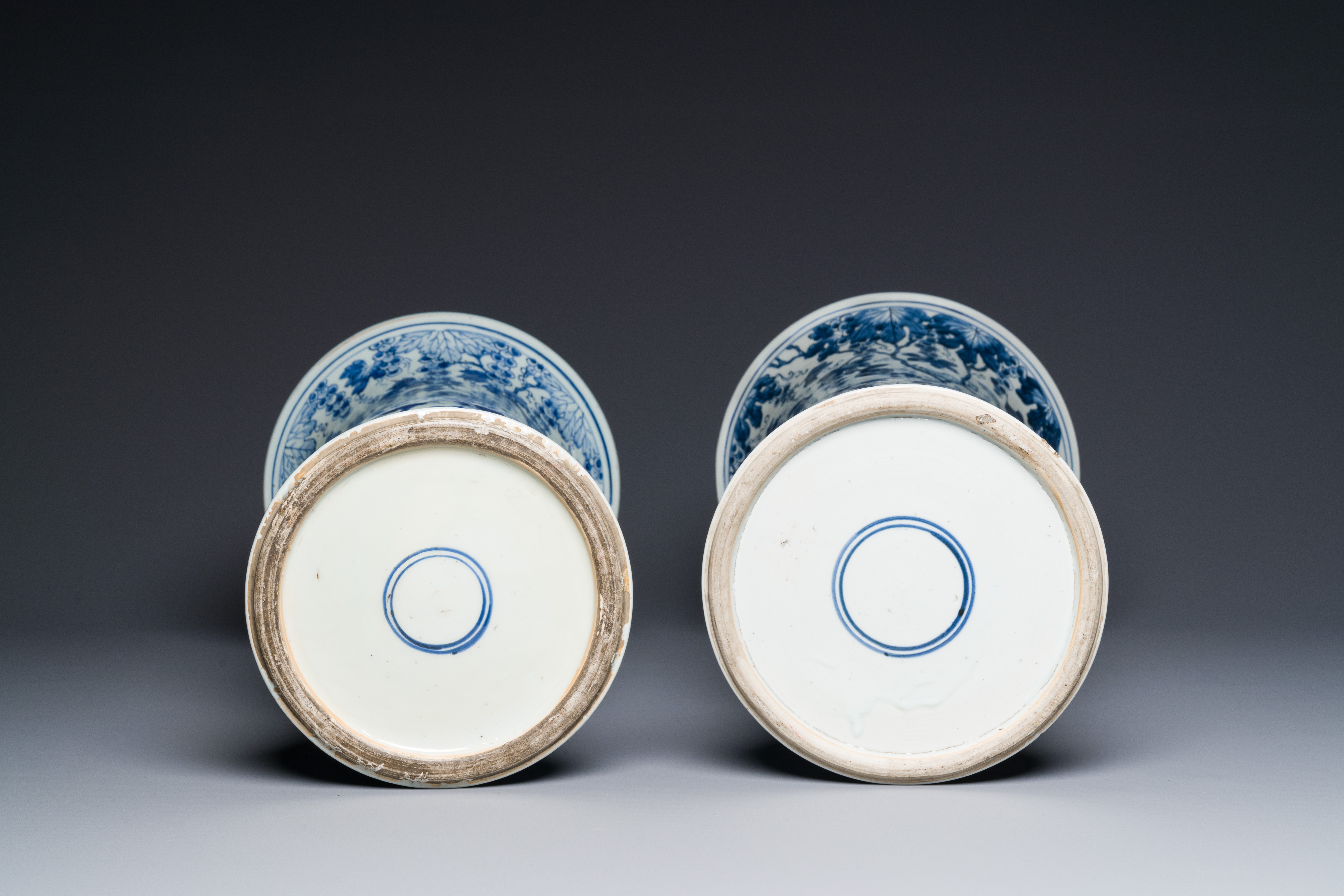 Two Chinese blue and white 'gu' vases with squirrels among grape vines, Kangxi - Image 7 of 7