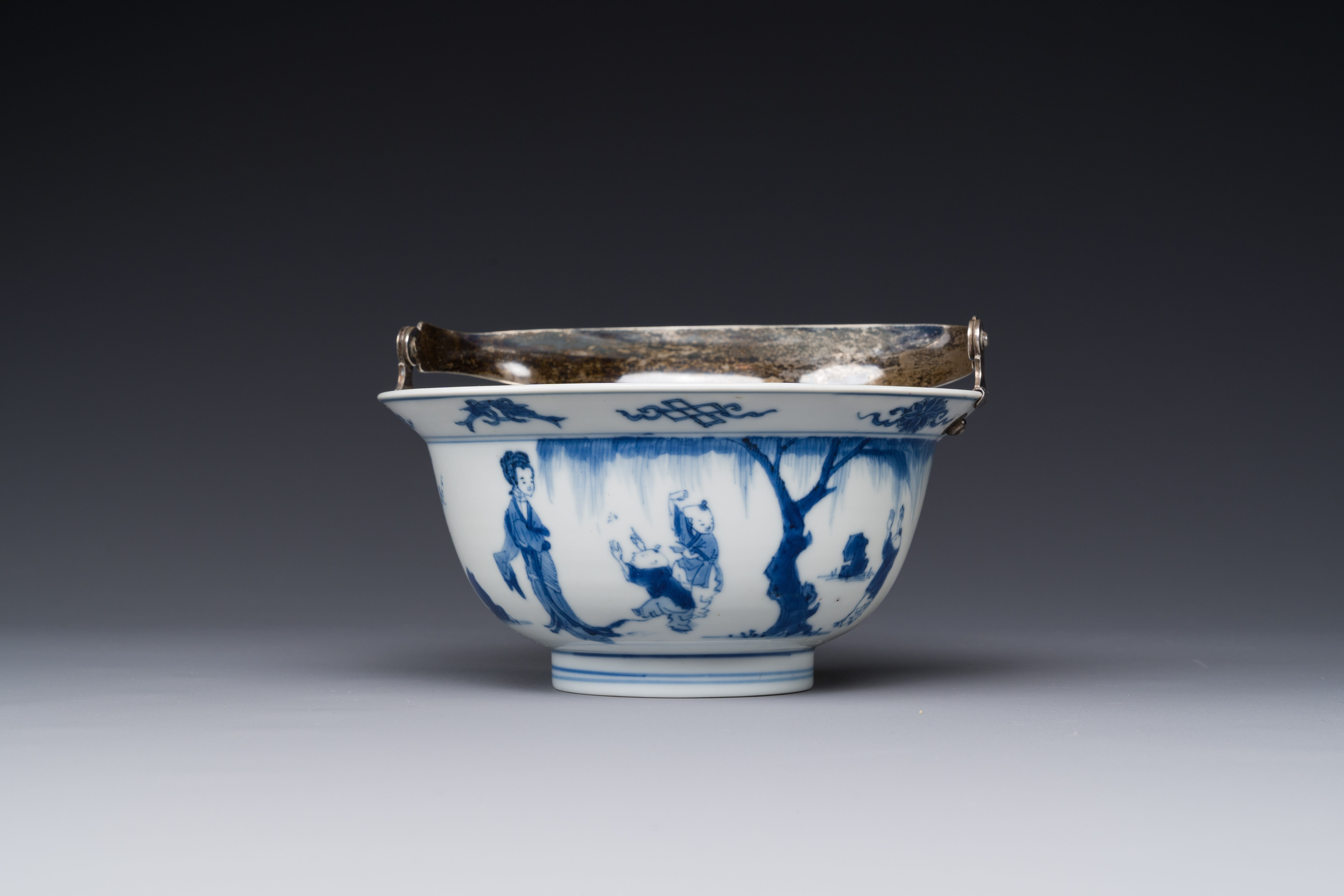 A Chinese blue and white bowl depicting playing boys and ladies with a silver handle, Chenghua mark, - Image 4 of 6