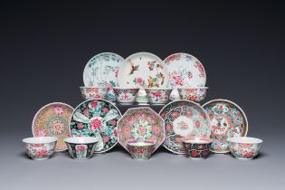 Nine Chinese famille rose cups and eight saucers, Yongzheng/Qianlong