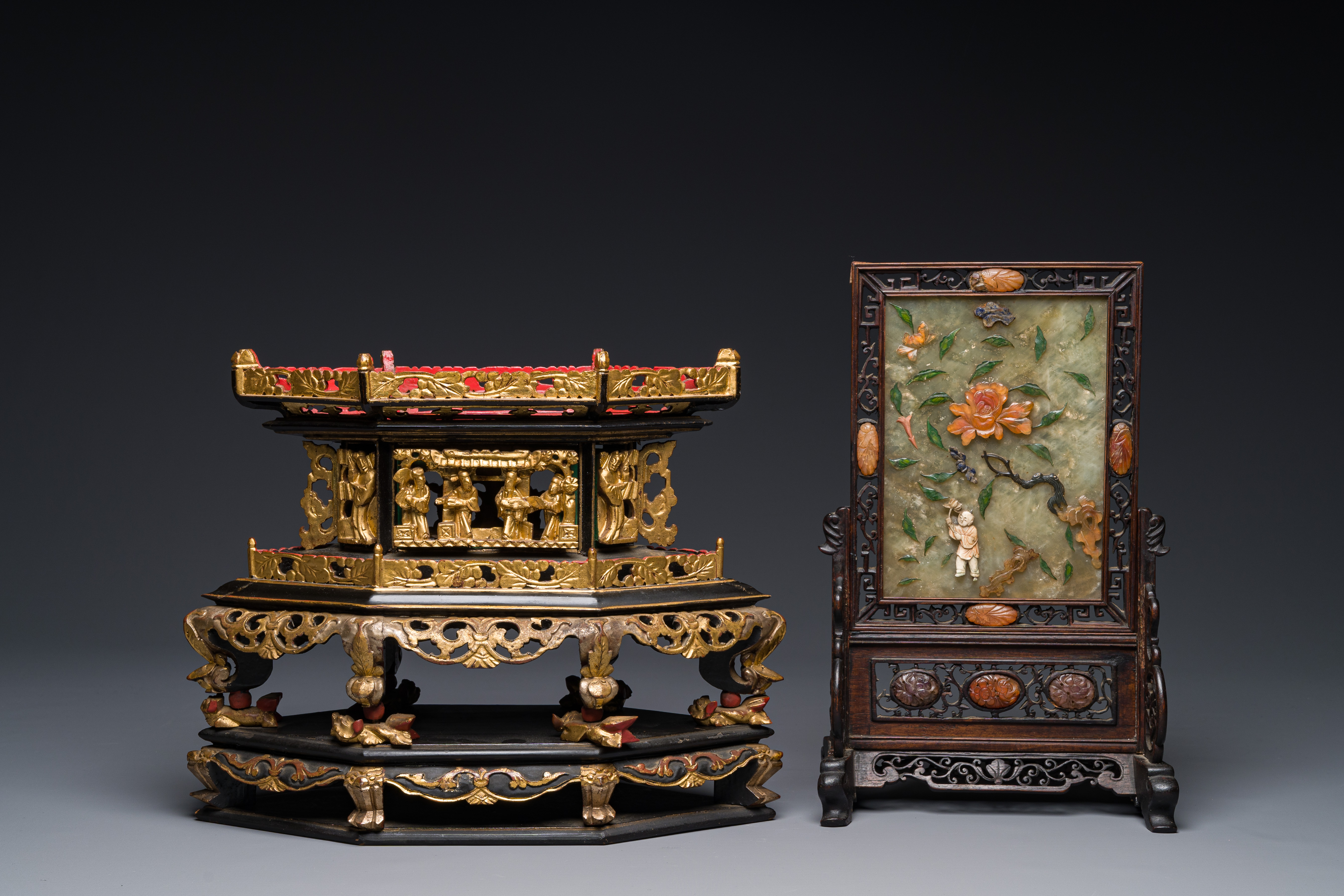 A Chinese wooden table screen with precious stones and an altar piece or 'chanab' for the Straits or