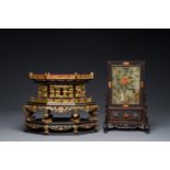 A Chinese wooden table screen with precious stones and an altar piece or 'chanab' for the Straits or