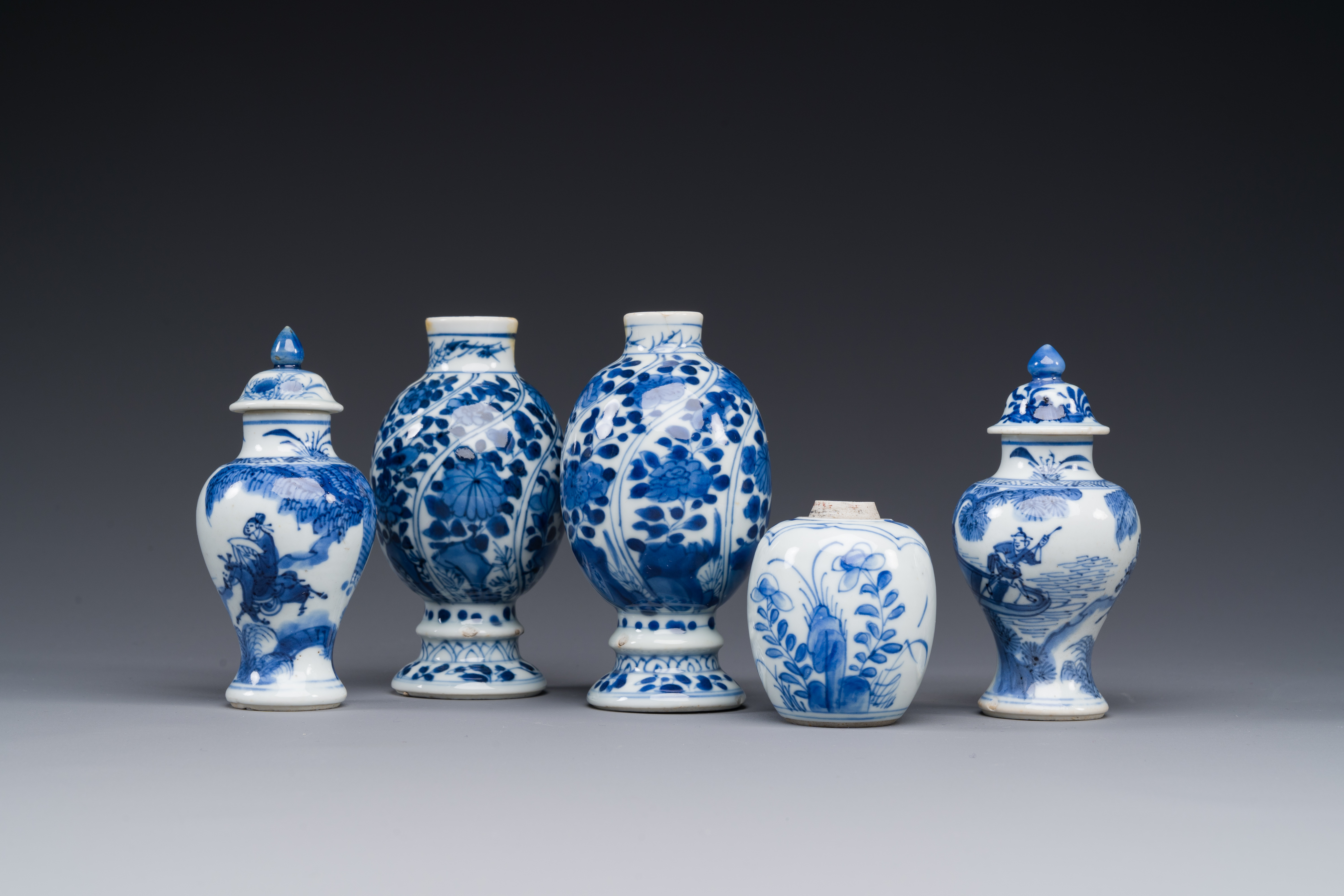 Five Chinese vases in blue and white, Kangxi