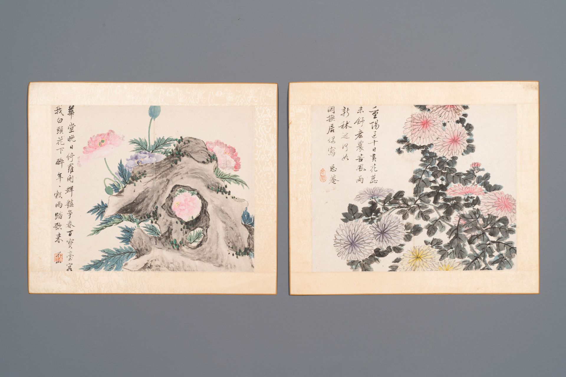 Chinese school: Six works with birds, flowers and fruits, ink and colour on paper, 19/20th C. - Bild 4 aus 9