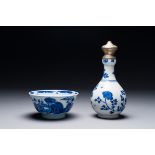 A Chinese blue and white bowl and silver mounted vase, Shen De Tang Zhi æ…Žå¾·å ‚è£½ mark, Kangxi