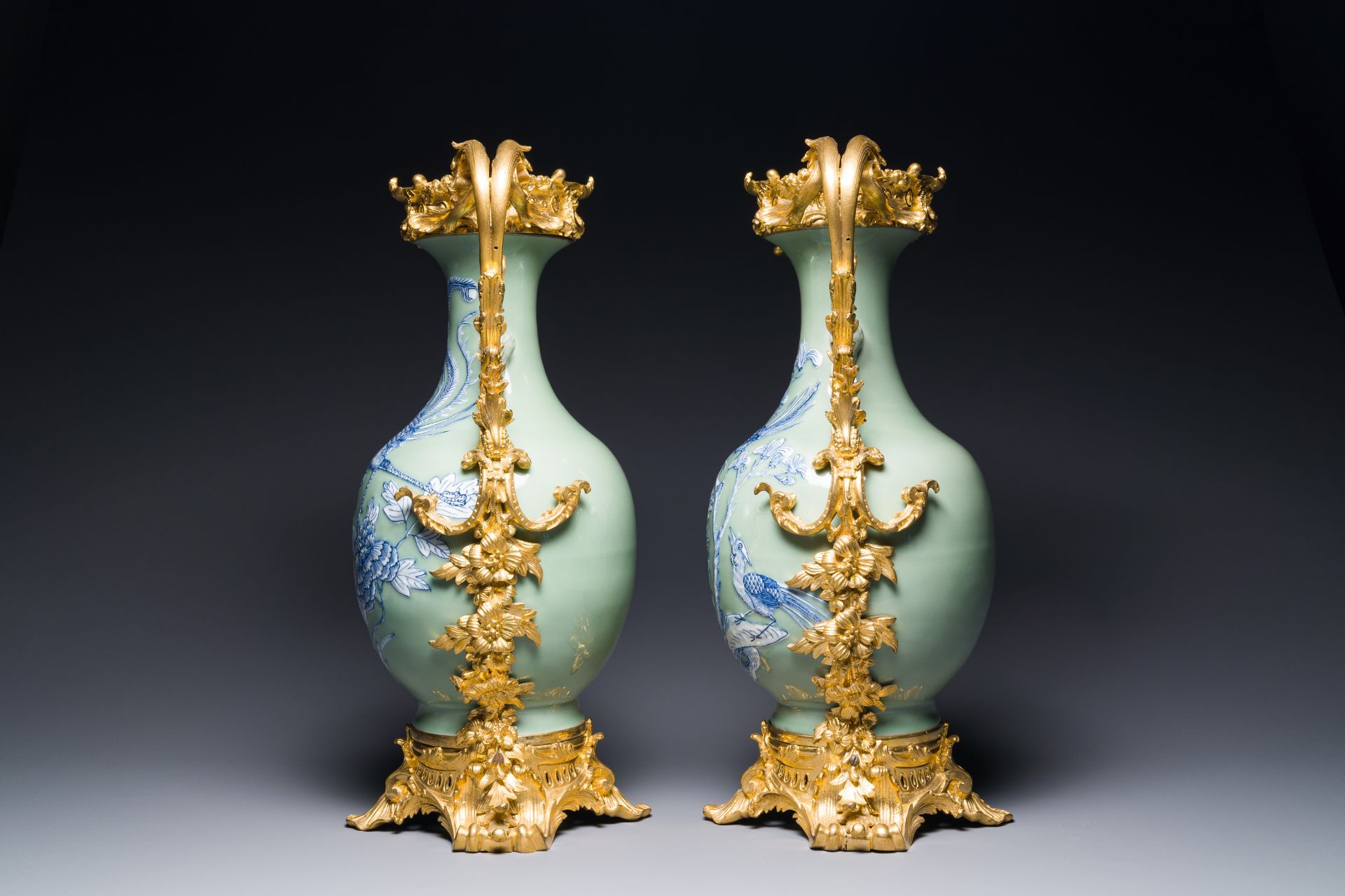 A pair of Chinese blue and white celadon vases with gilt bronze mounts, 19th C. - Image 2 of 6
