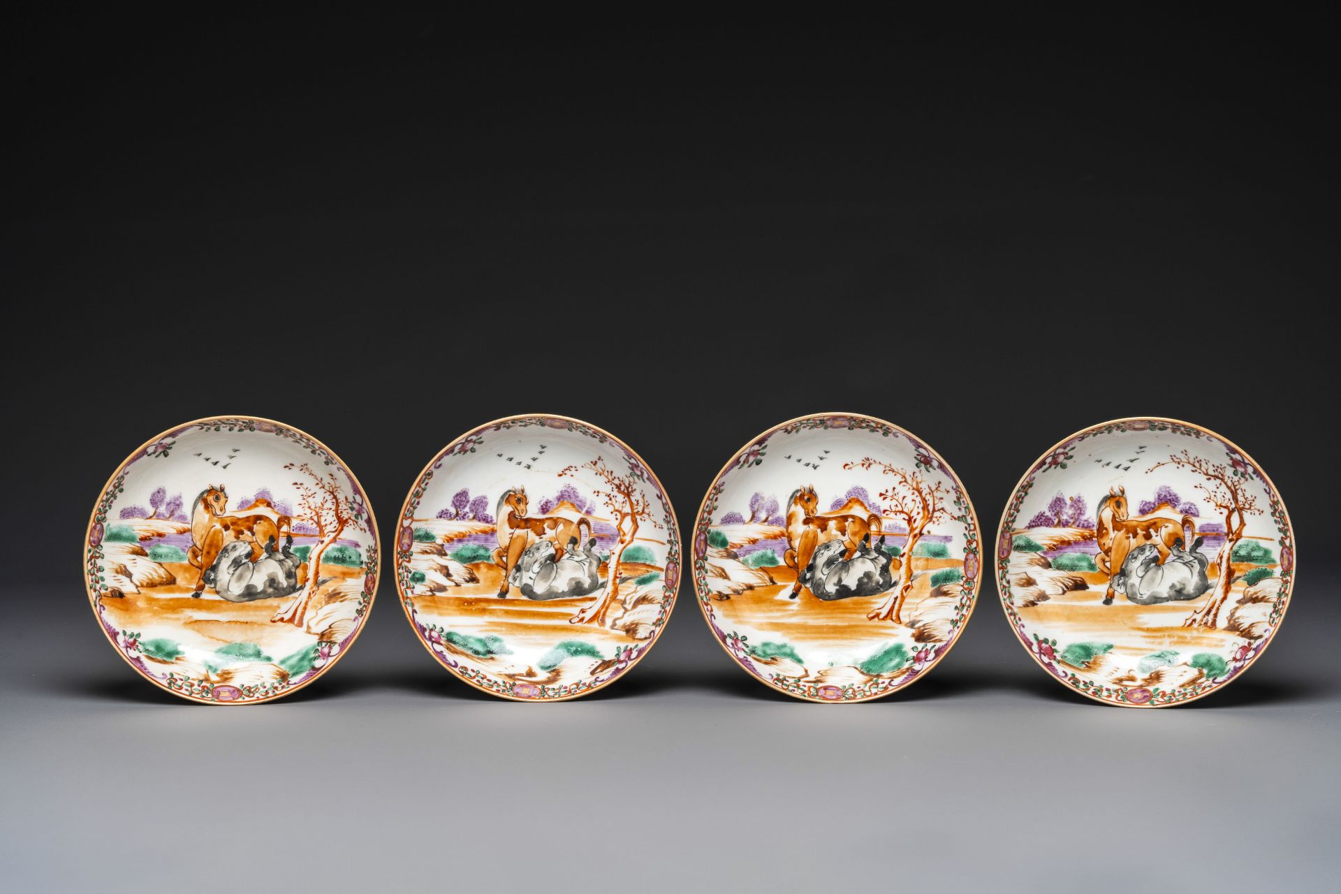 Four Chinese famille rose cups and saucers and a sugar bowl with design of two horses, Qianlong - Image 5 of 10