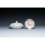 A Chinese Canton famille rose tureen with two compartments and a monogrammed plate, 19th C.