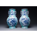 A pair of Chinese turquoise-ground blue and white vases depicting the Whampoa Pagoda and the Pearl R