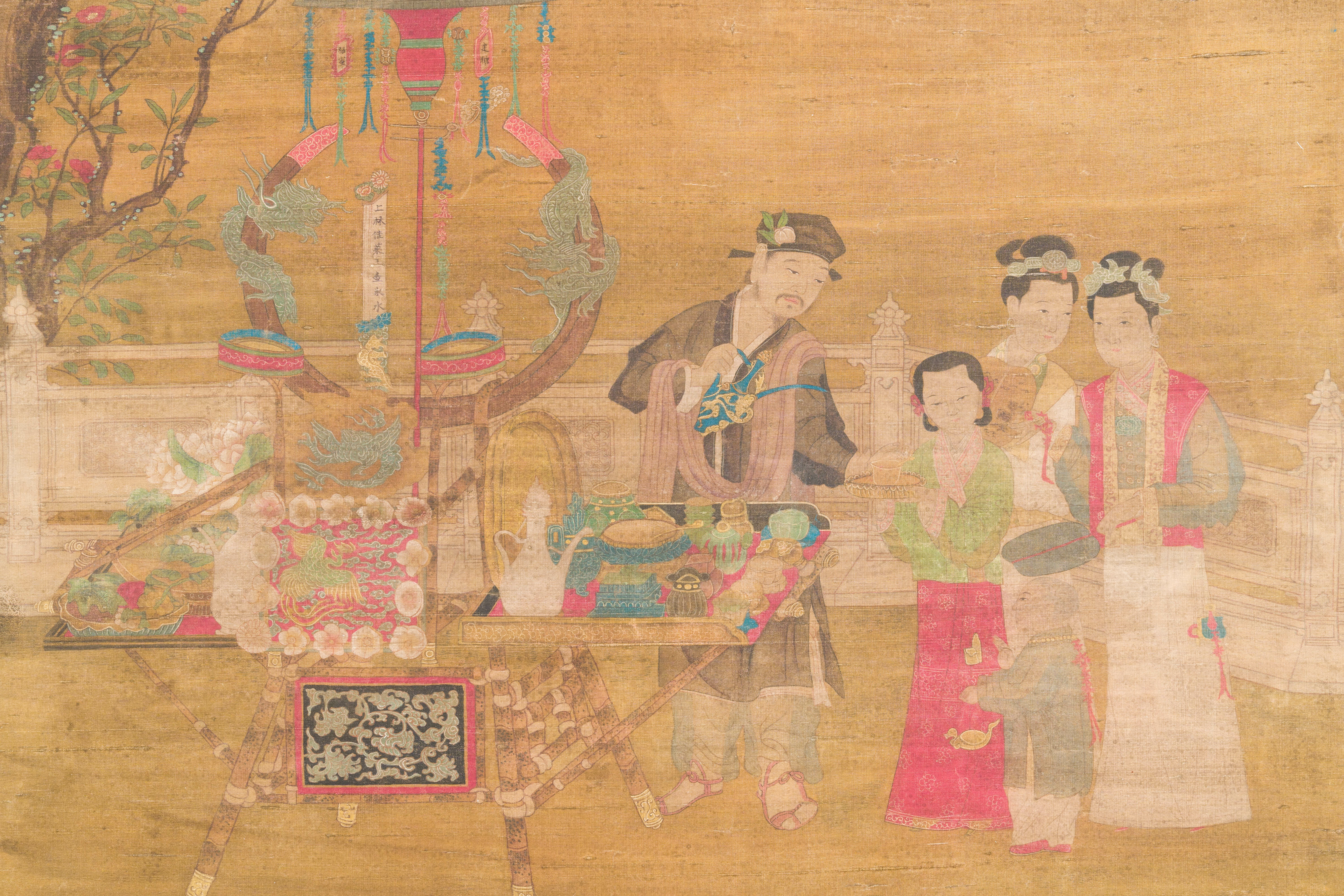 Chinese school: 'Gathering under the pine', ink and colour on silk, 18/19th C. - Image 3 of 5