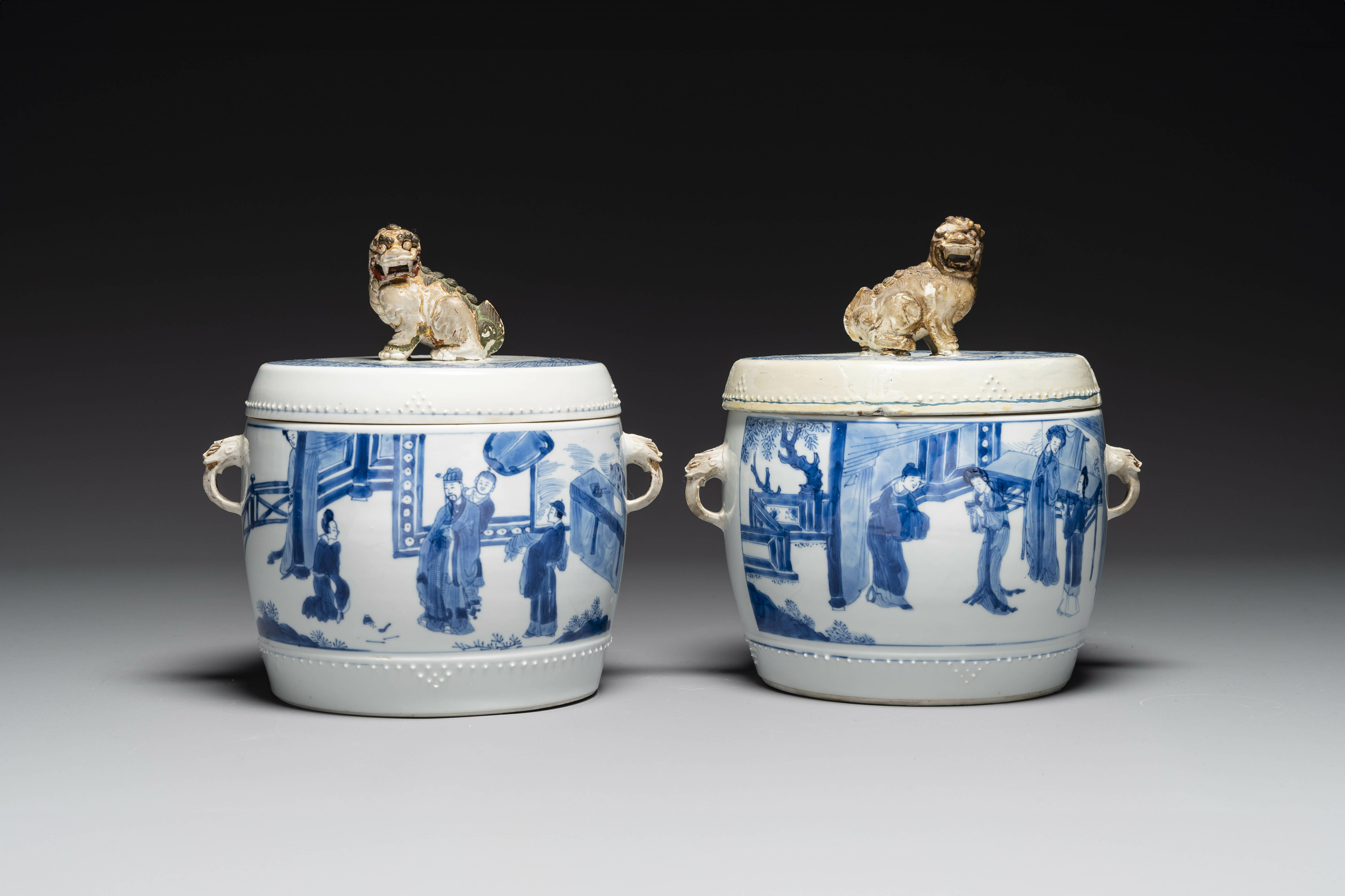 A pair of Chinese blue and white drum-shaped jars and cover, Jiajing mark, Kangxi - Image 3 of 8