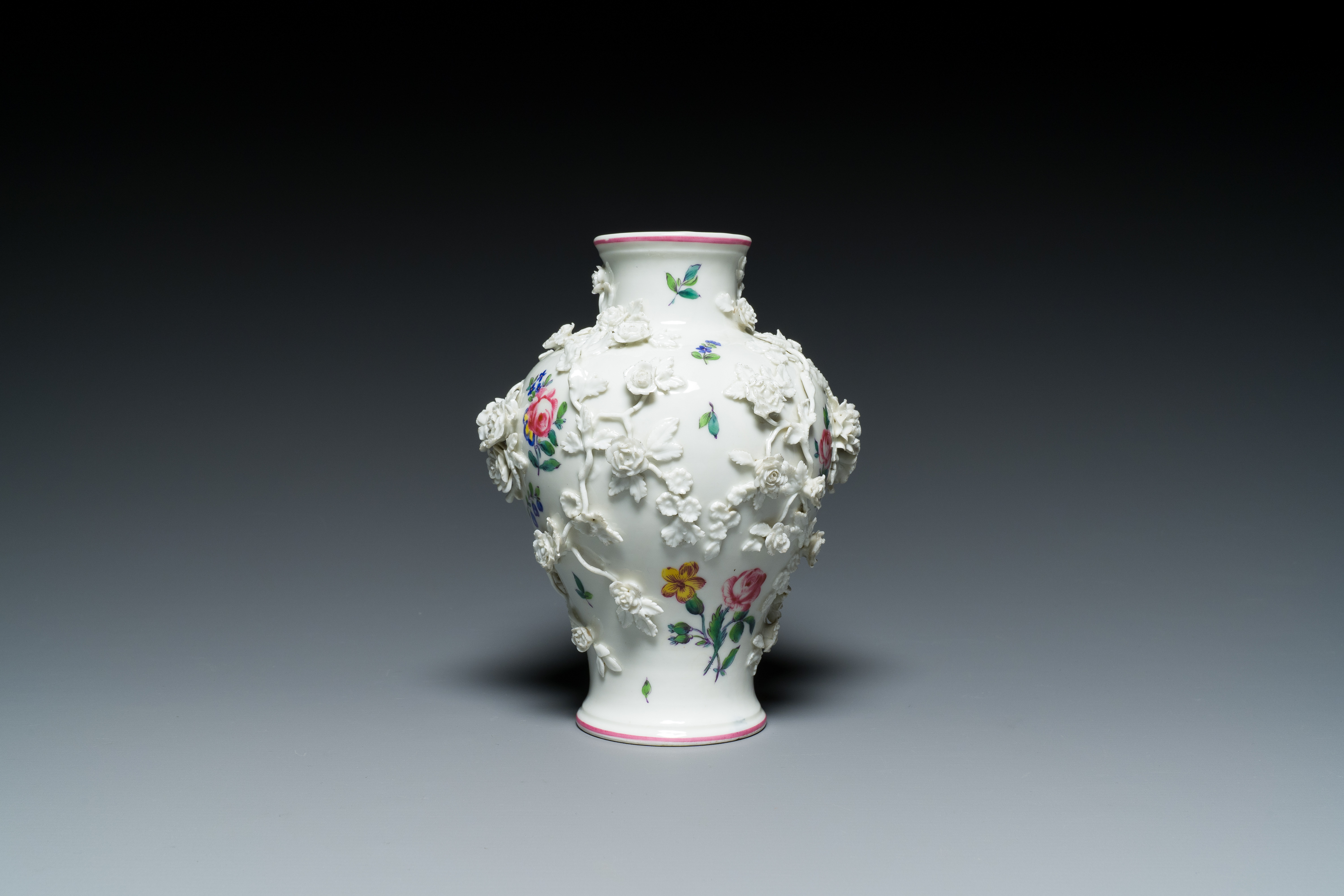 A Mennecy vase with applied floral design, France, DV mark, 18th C. - Image 3 of 16