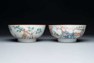 A Dutch-decorated Chinese bowl and a Canton famille rose 'mandarin subject' bowl, Qianlong