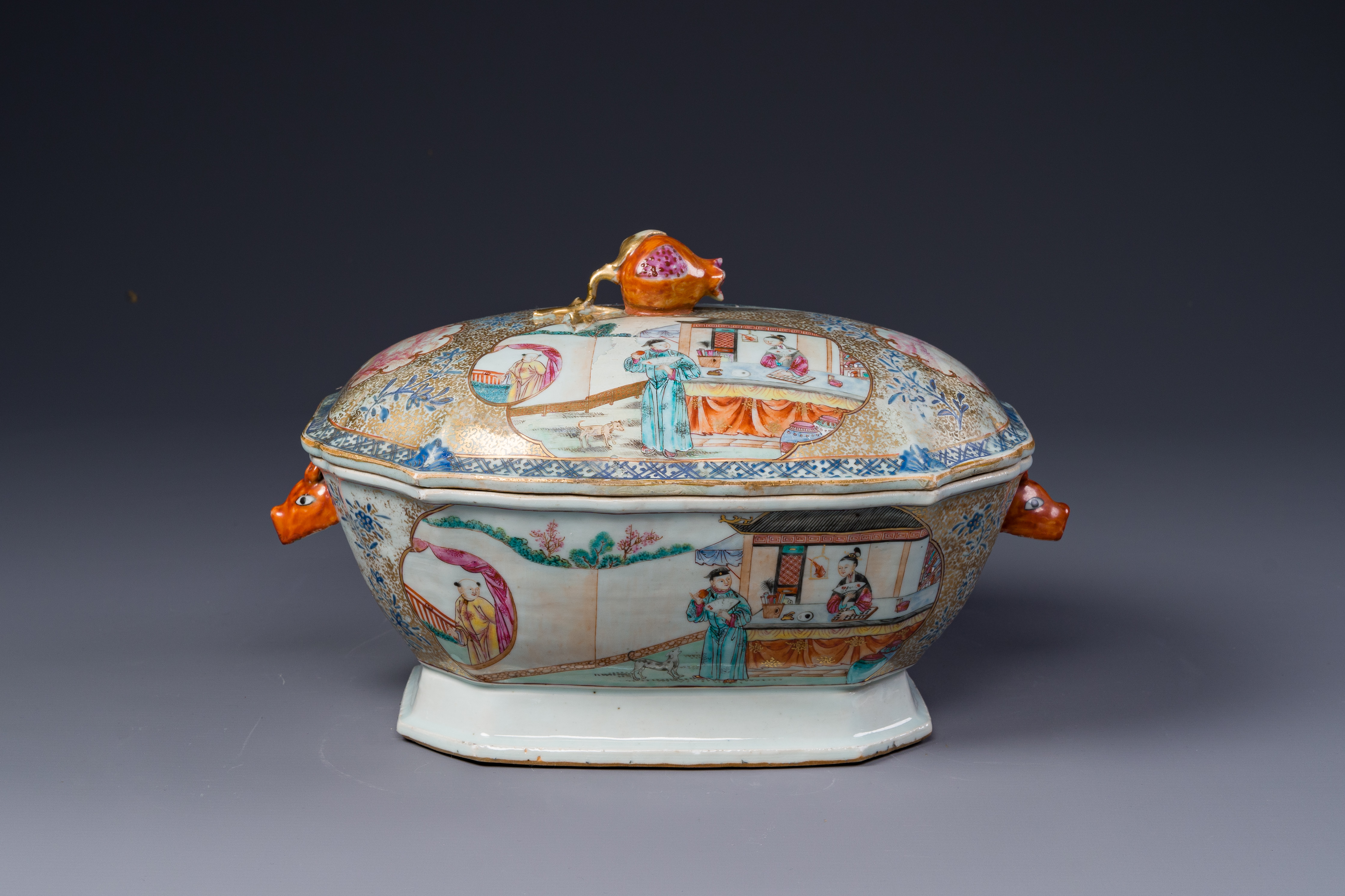 A Chinese Canton famille rose 'mandarin subject' tureen, cover and stand, Qianlong - Image 2 of 9