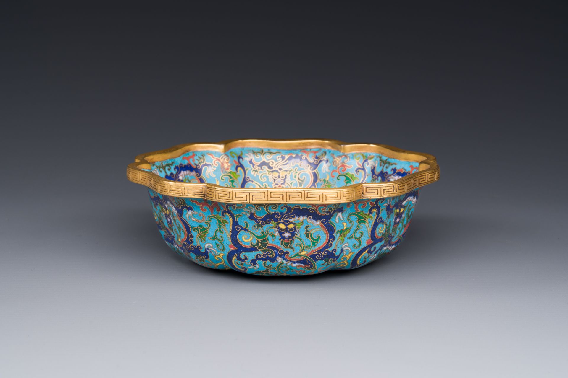 A Chinese flower-shaped cloisonne 'dragon' bowl, Qianlong