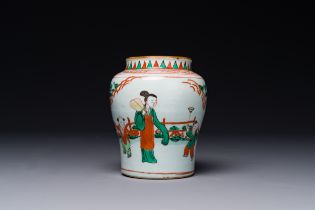 A small Chinese wucai jar with figures in a landscape, Transition period