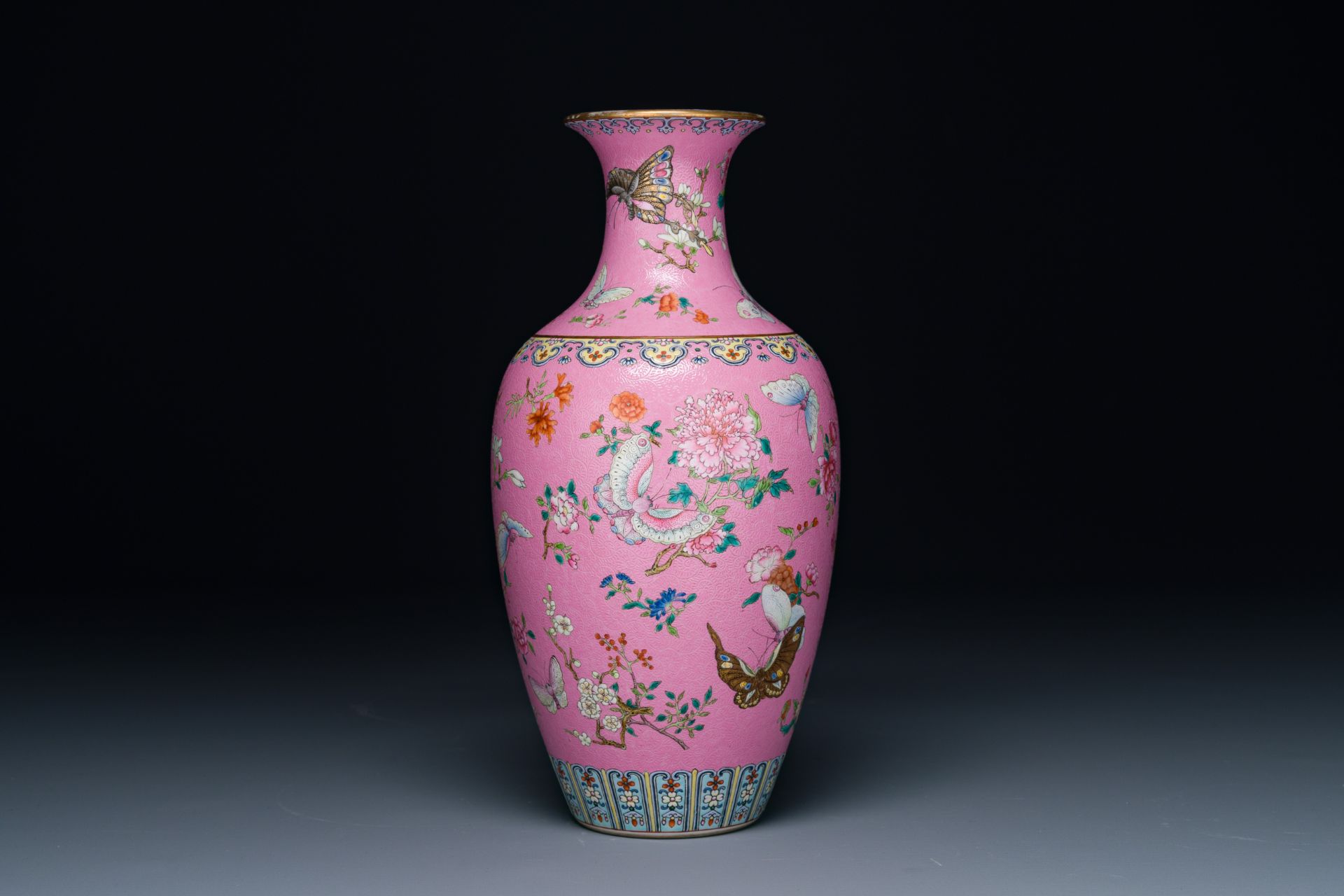 A Chinese pink-sgraffito-ground famille rose 'butterfly' vase, Qianlong mark and possibly of the per - Image 2 of 8