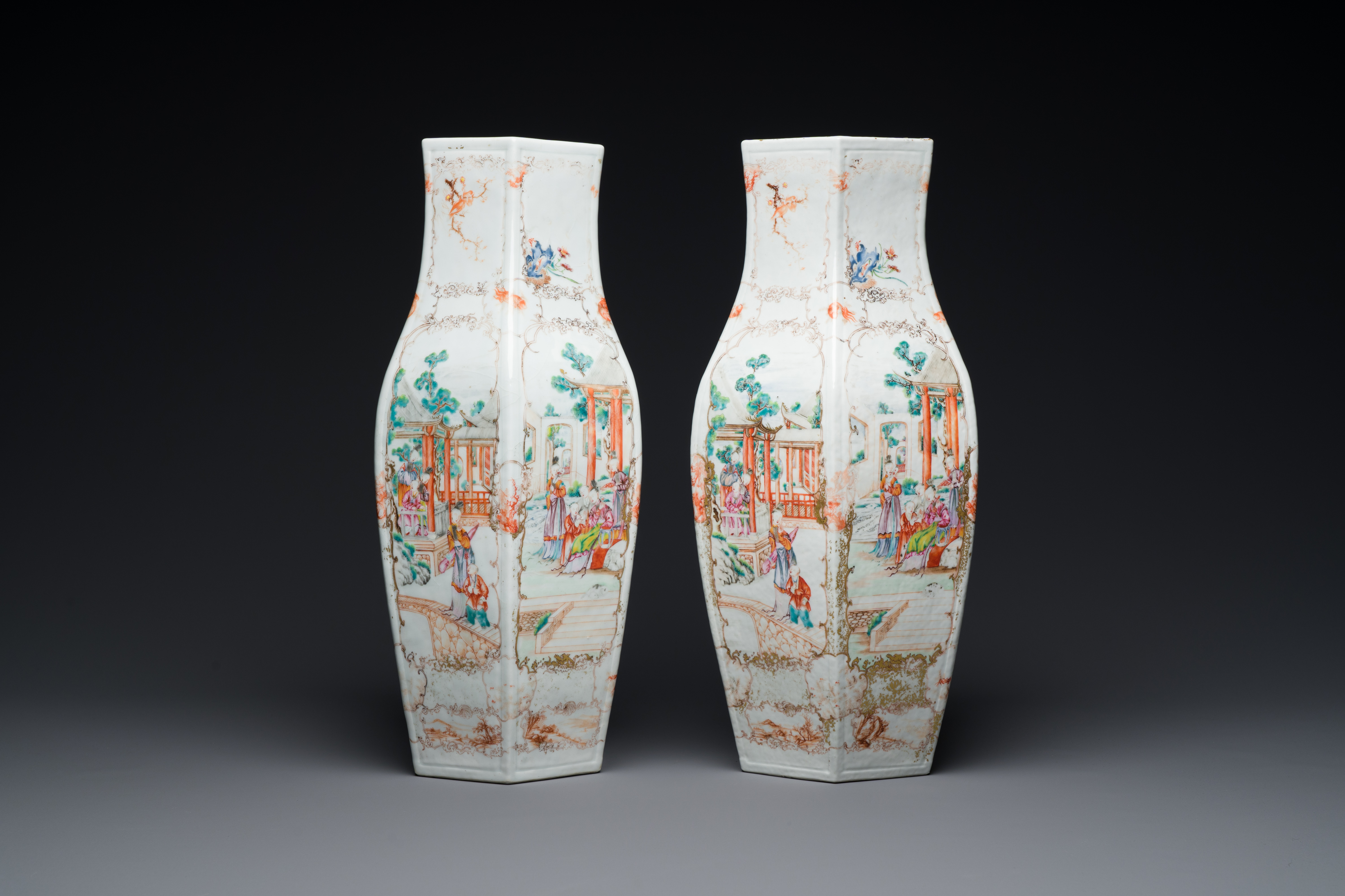 A pair of Chinese hexagonal Canton famille rose 'mandarin subject' vases, Qianlong - Image 4 of 6