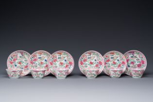 Six Chinese famille rose 'antiquities' cups and saucers, Yongzheng