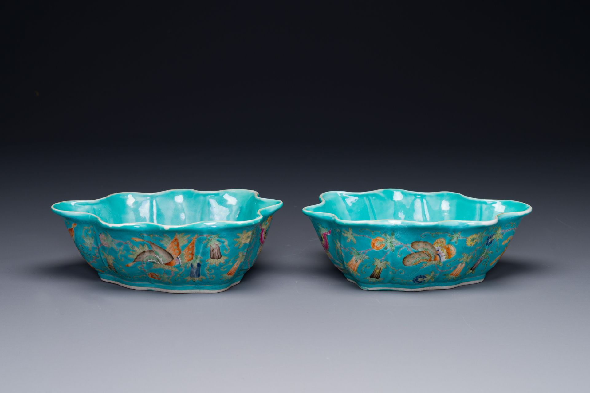 A pair of Chinese turquoise-ground famille rose leaf-shaped bowls with butterfly design, Jiaqing mar - Image 3 of 6