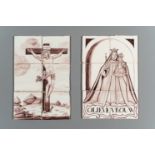 Two Dutch Delft manganese tile murals with 'The Crucifixion' and 'The Madonna with Child', probably