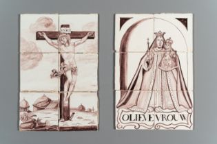 Two Dutch Delft manganese tile murals with 'The Crucifixion' and 'The Madonna with Child', probably