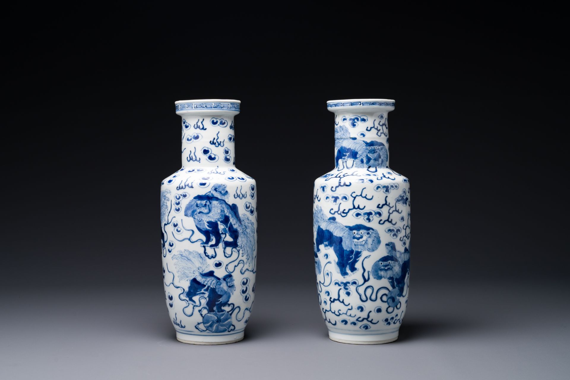 A pair of Chinese blue and white 'Buddhist lion' vases, Kangxi mark, 19th C. - Image 5 of 7