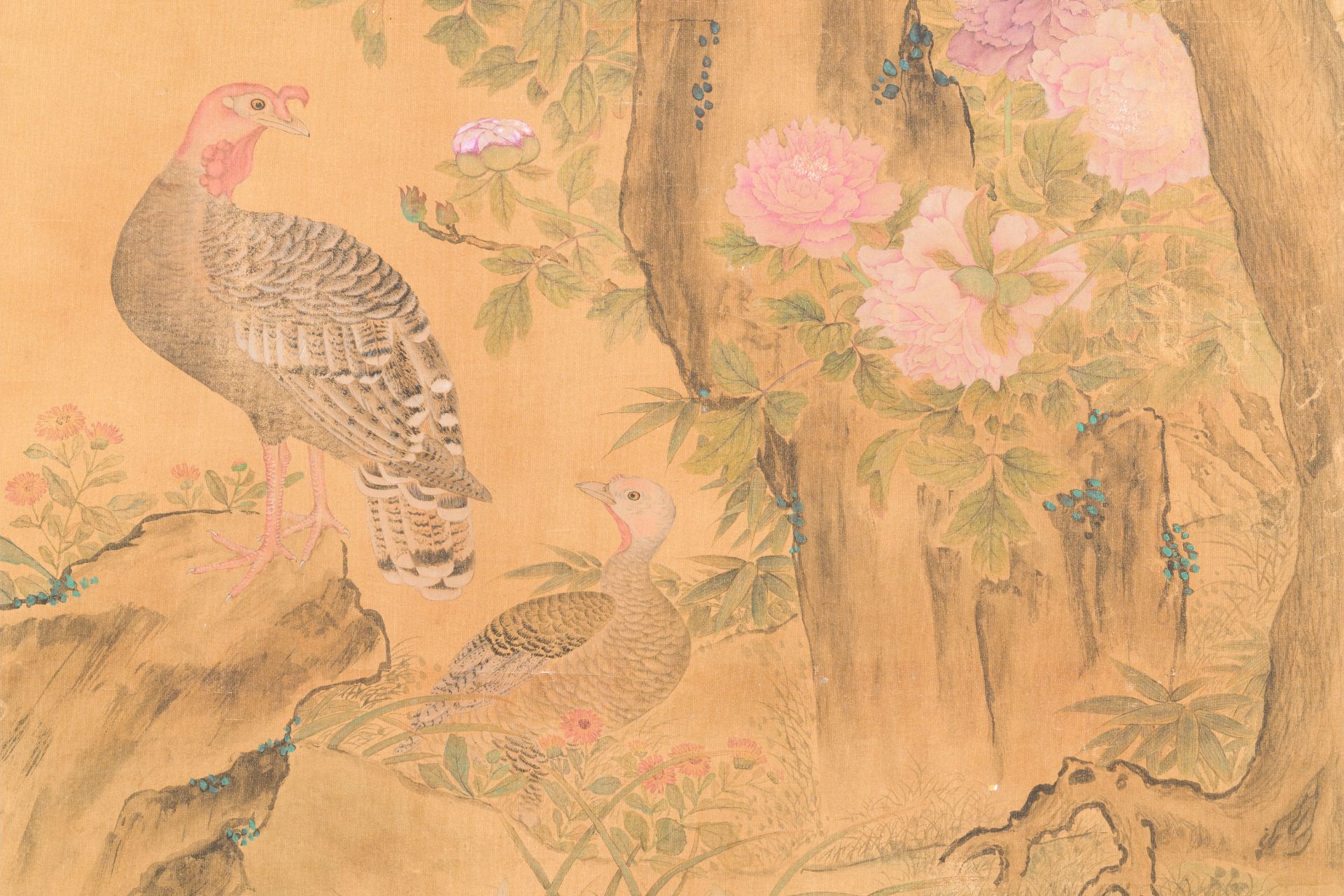 Yu Feian äºŽéžé—‡ (1889-1959): 'Pheasants under the pine tree', ink and colour on silk - Image 7 of 8