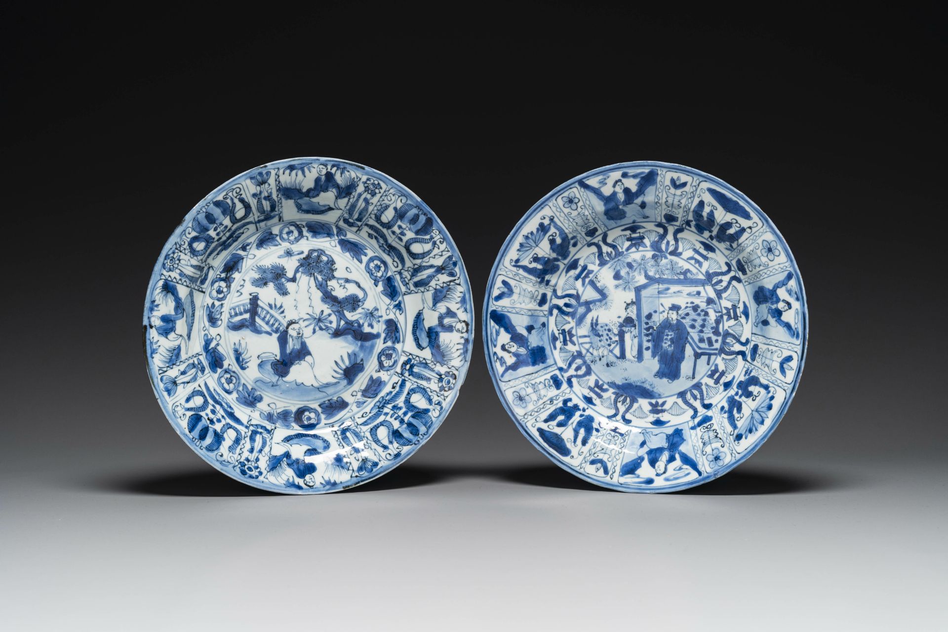 Two Chinese blue and white kraak porcelain dishes with figures, Wanli