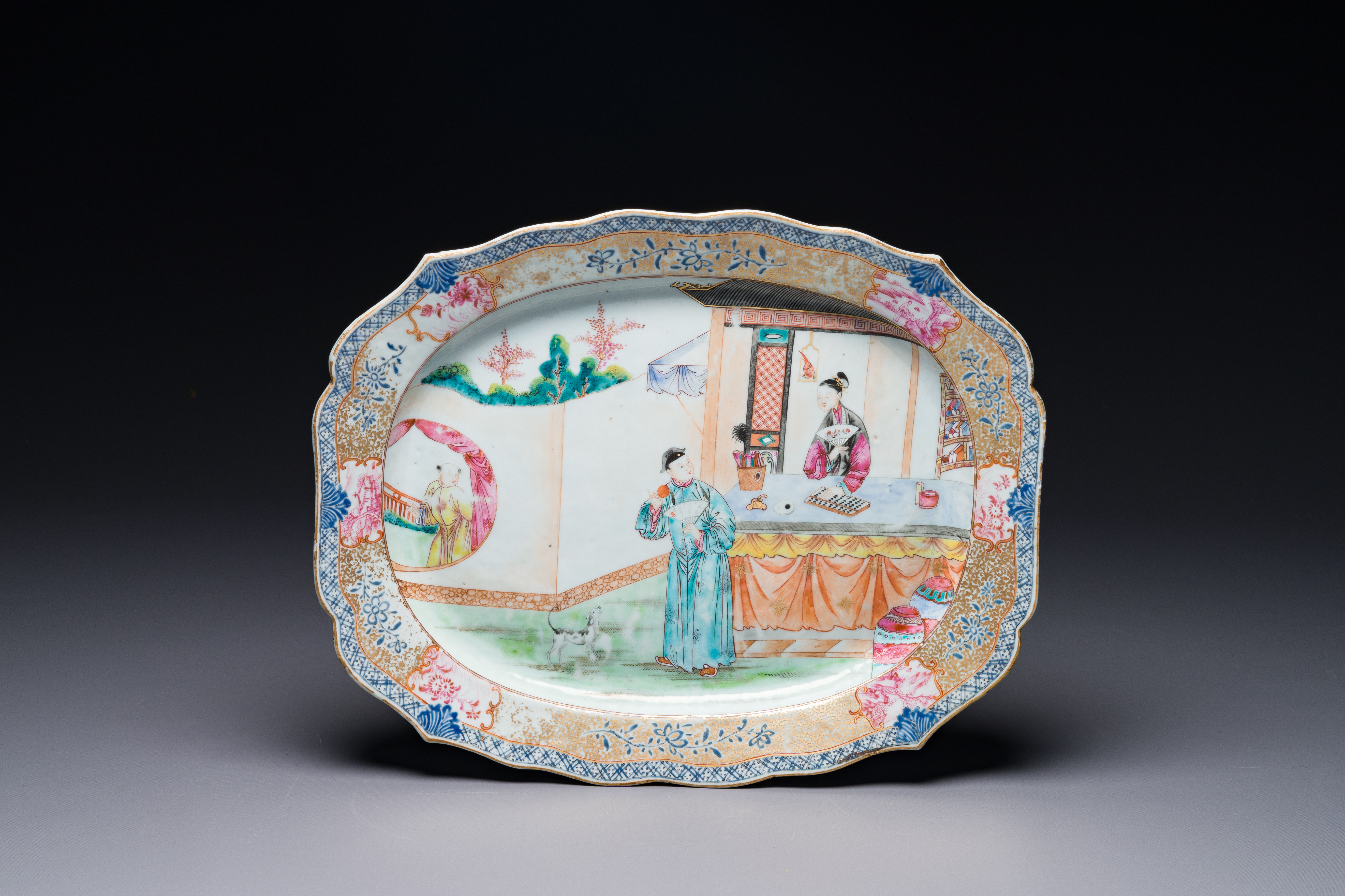 A Chinese Canton famille rose 'mandarin subject' tureen, cover and stand, Qianlong - Image 8 of 9