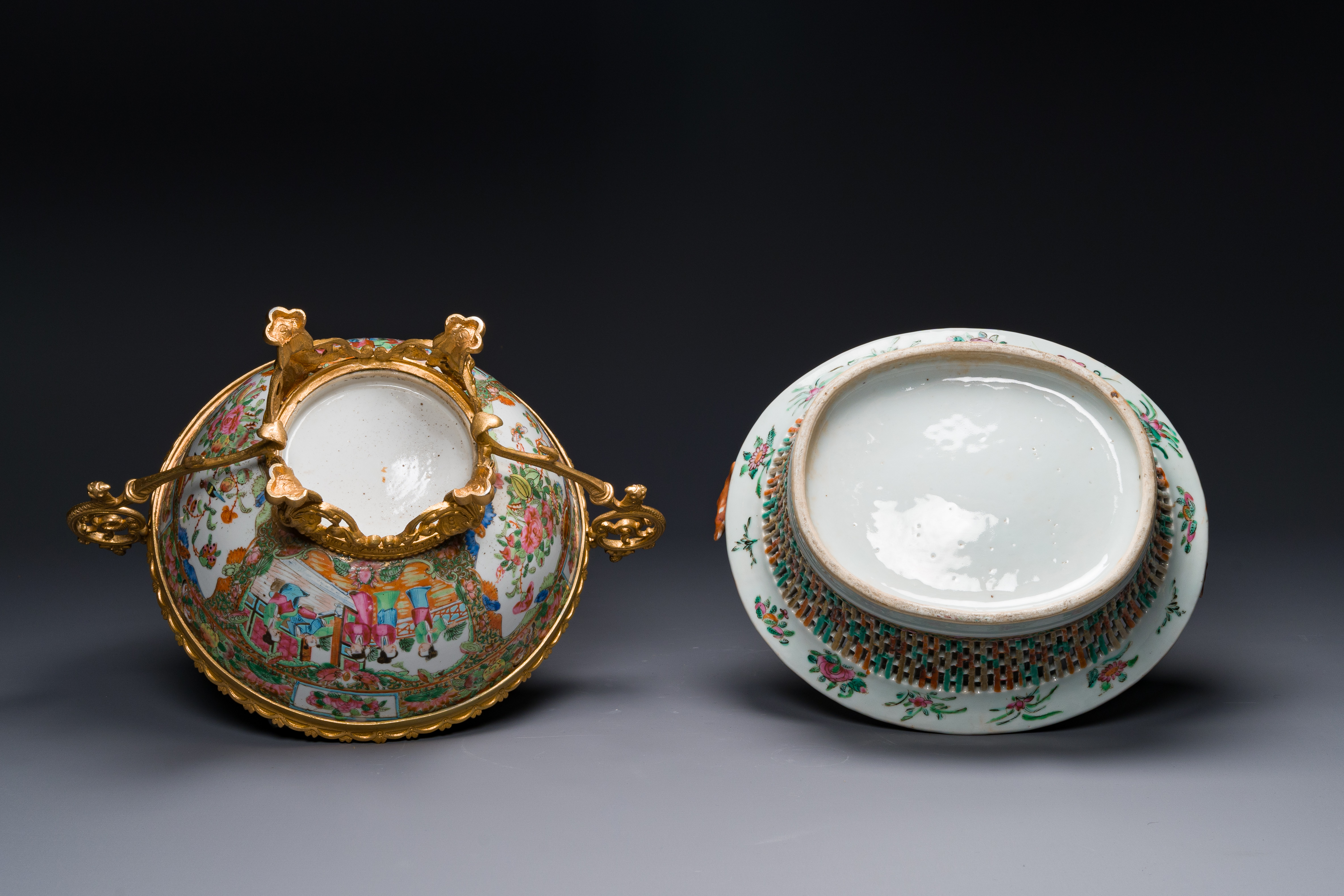 A Chinese Canton famille rose reticulated basket on stand and a bowl with gilt bronze mounts, 19th C - Image 3 of 5