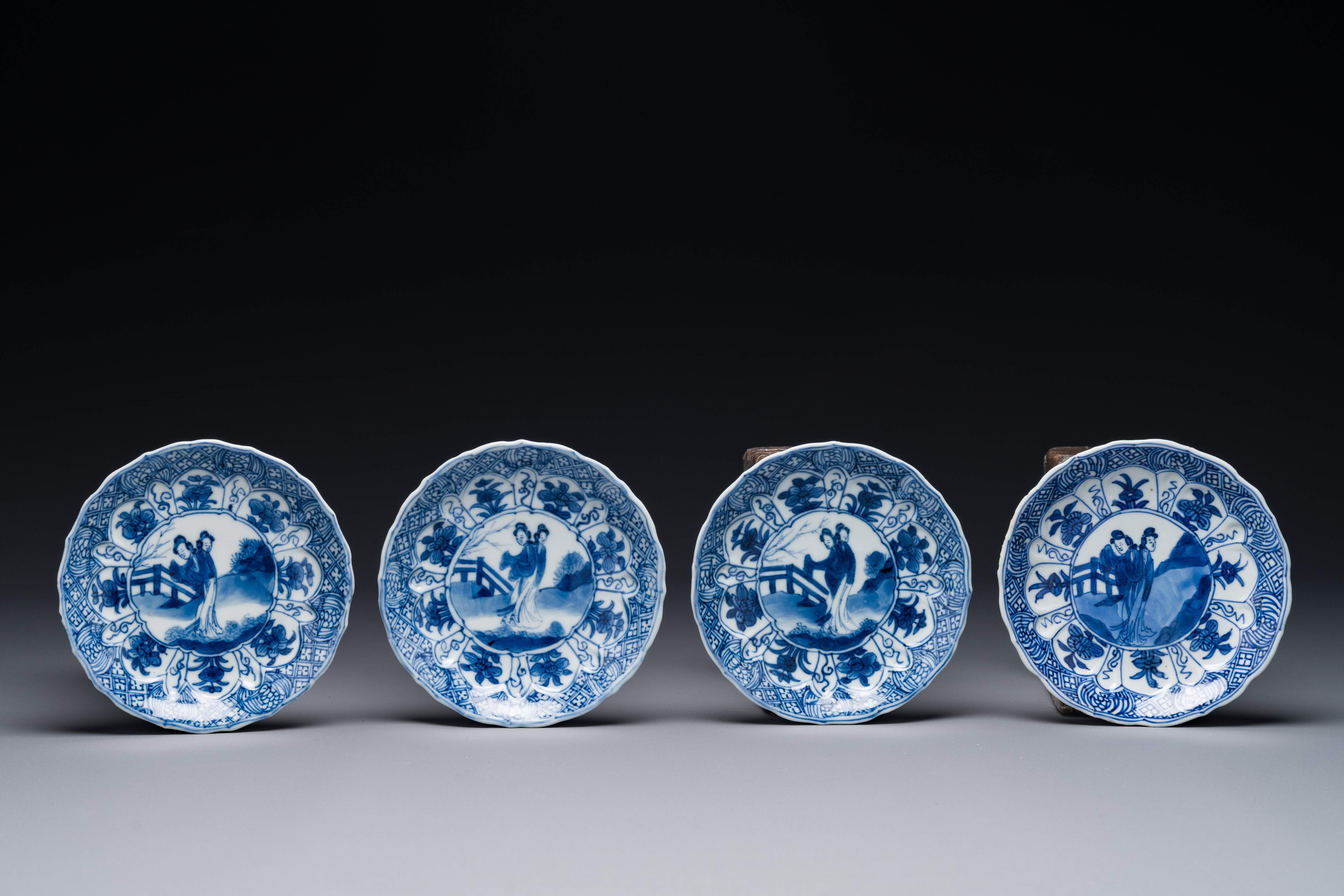 Four Chinese blue and white cups and saucers and a Chinese Imari-style shaving bowl, Kangxi Qianlong - Image 4 of 9