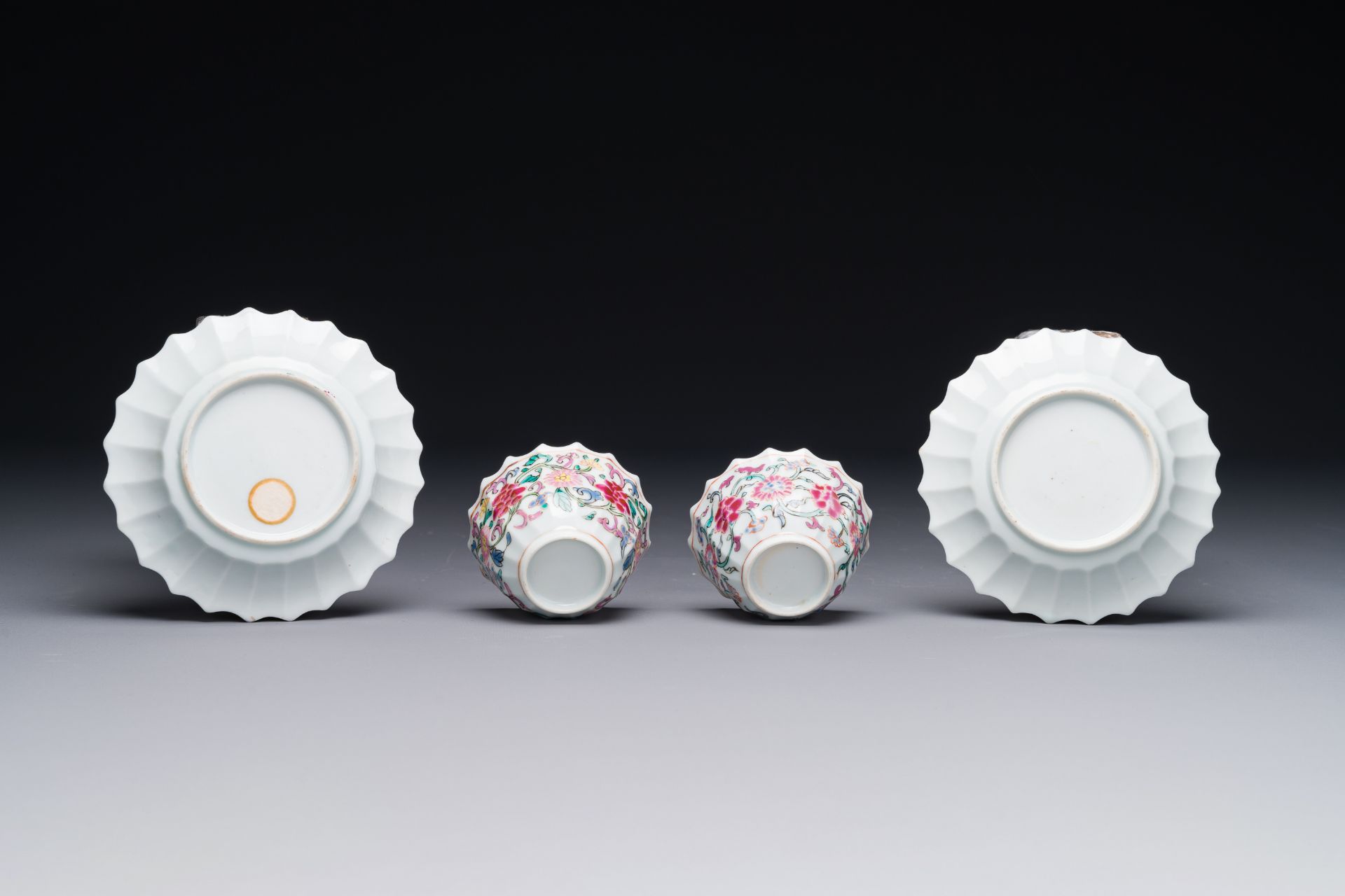 A pair of Chinese famille rose 'Xi Xiang Ji' cups and saucers, Yongzheng - Image 4 of 4