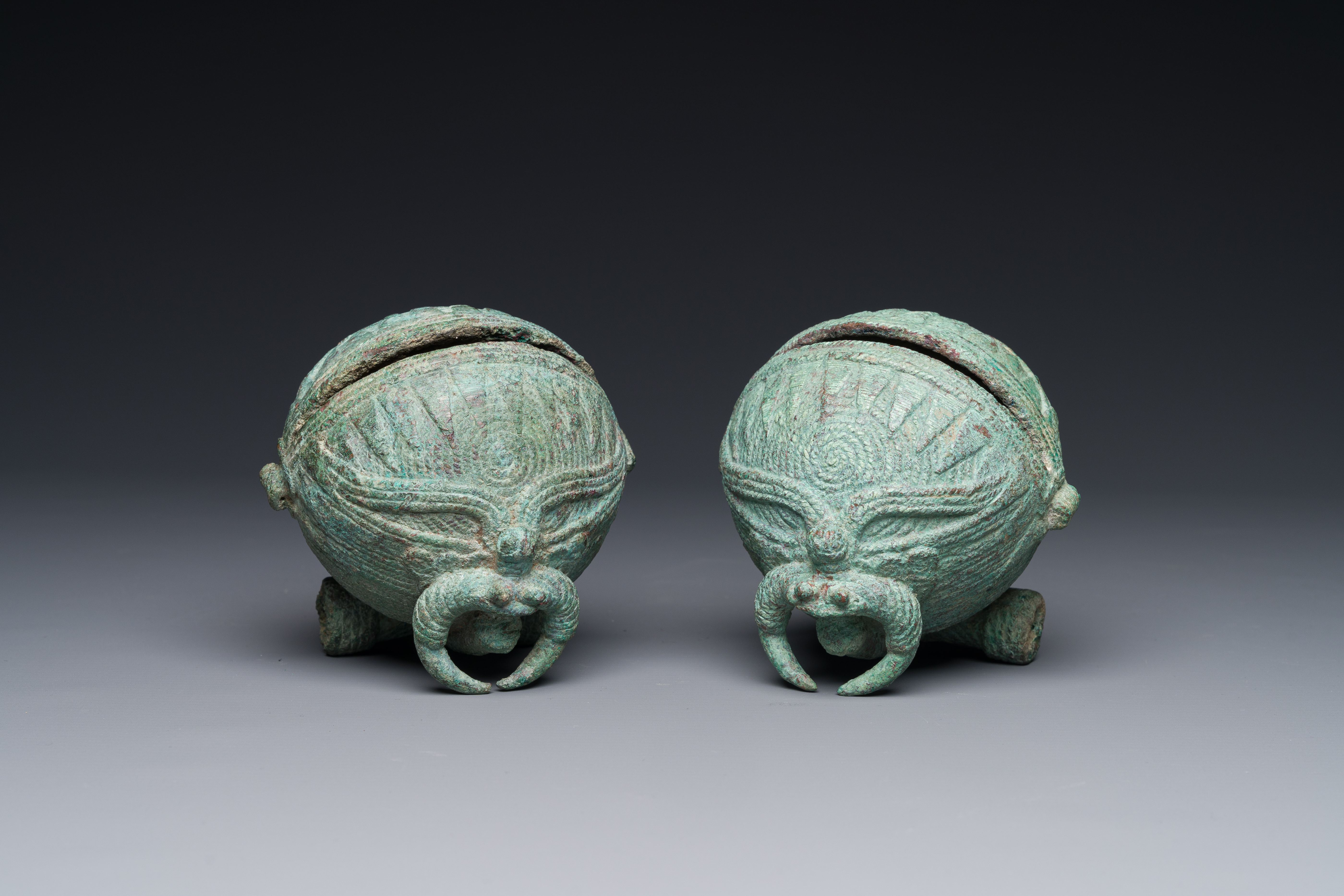A pair of round bronze bells for water buffalo, Cambodia, Batambang provence, 300 BC - Image 3 of 15