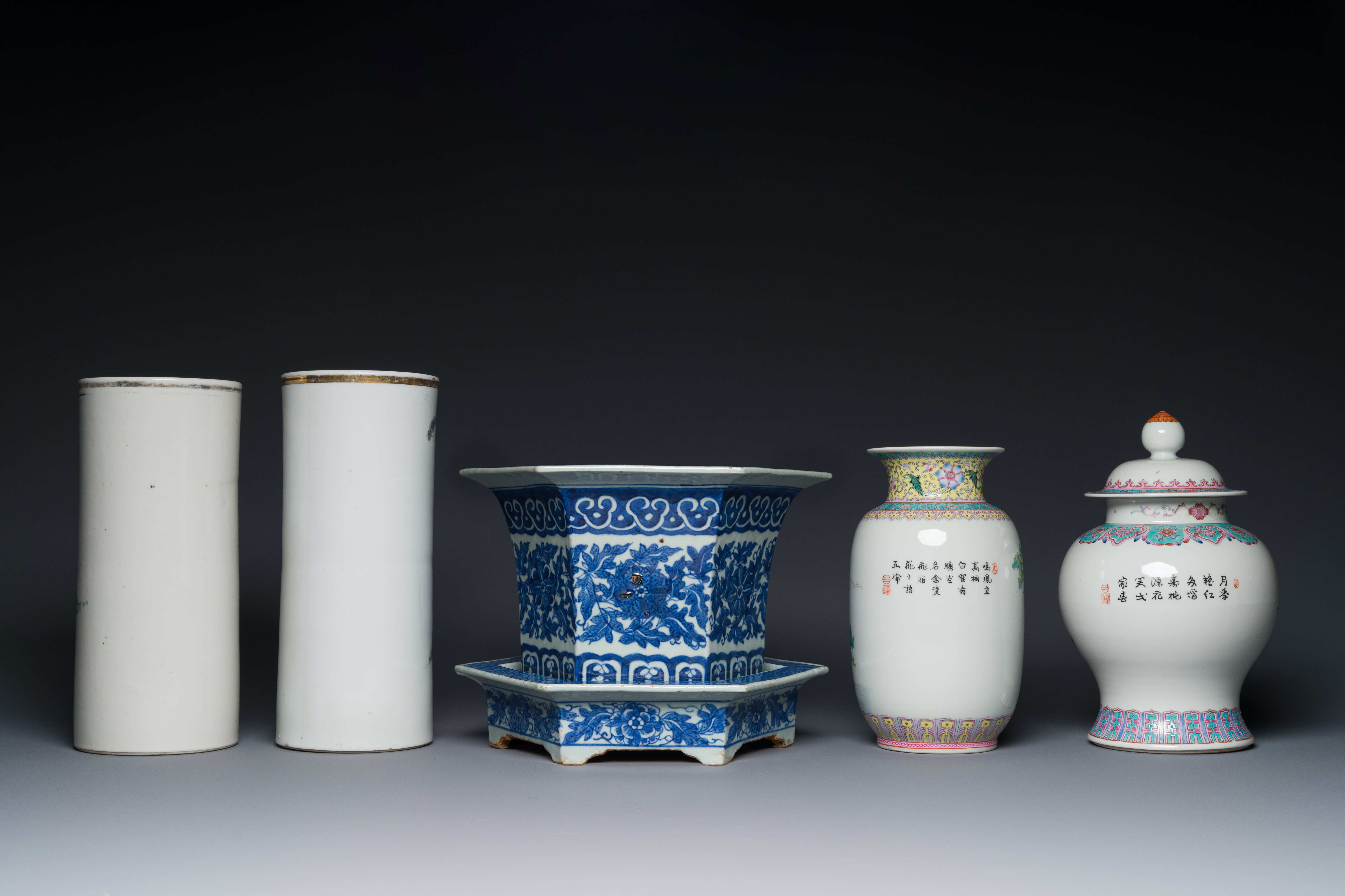 Two Chinese qianjiang cai hat stands, a blue and white jardiniere on stand, a famille rose vase and - Image 3 of 5