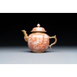 A rare Chinese iron-red-decorated and gilded 'European scene' teapot and cover, Qianlong