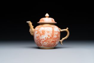 A rare Chinese iron-red-decorated and gilded 'European scene' teapot and cover, Qianlong