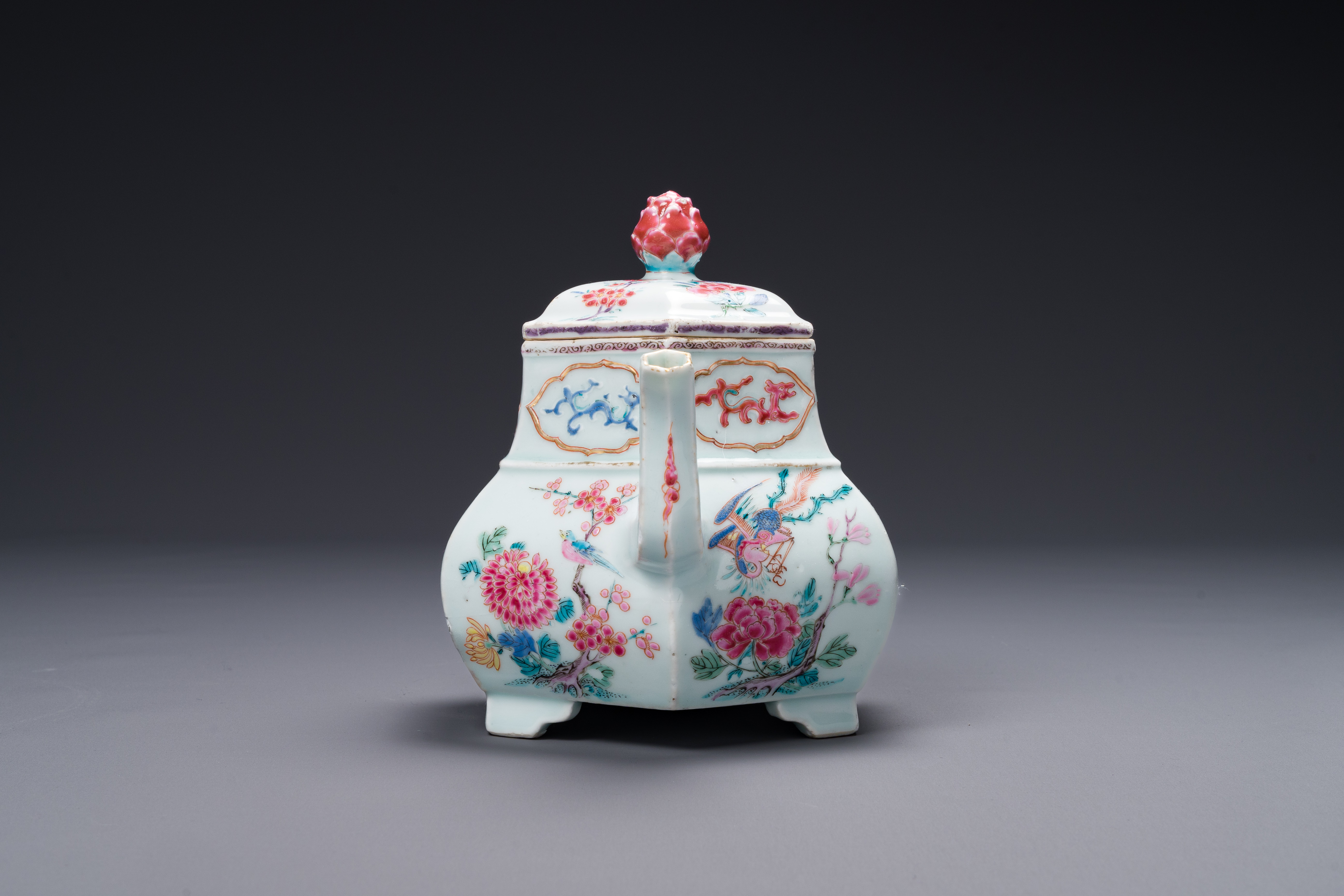 An exceptional large hexagonal Chinese famille rose teapot and cover, Yongzheng - Image 4 of 6