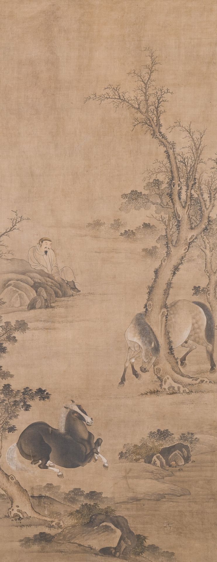 Chinese school: 'Man with two horses', ink and colour on silk, 18/19th C.