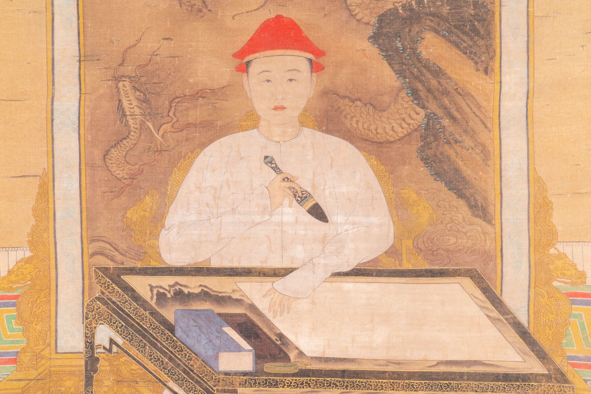 Chinese school: 'Portrait of emperor Yongzheng', ink and colour on silk, 19/20th C. - Image 4 of 5