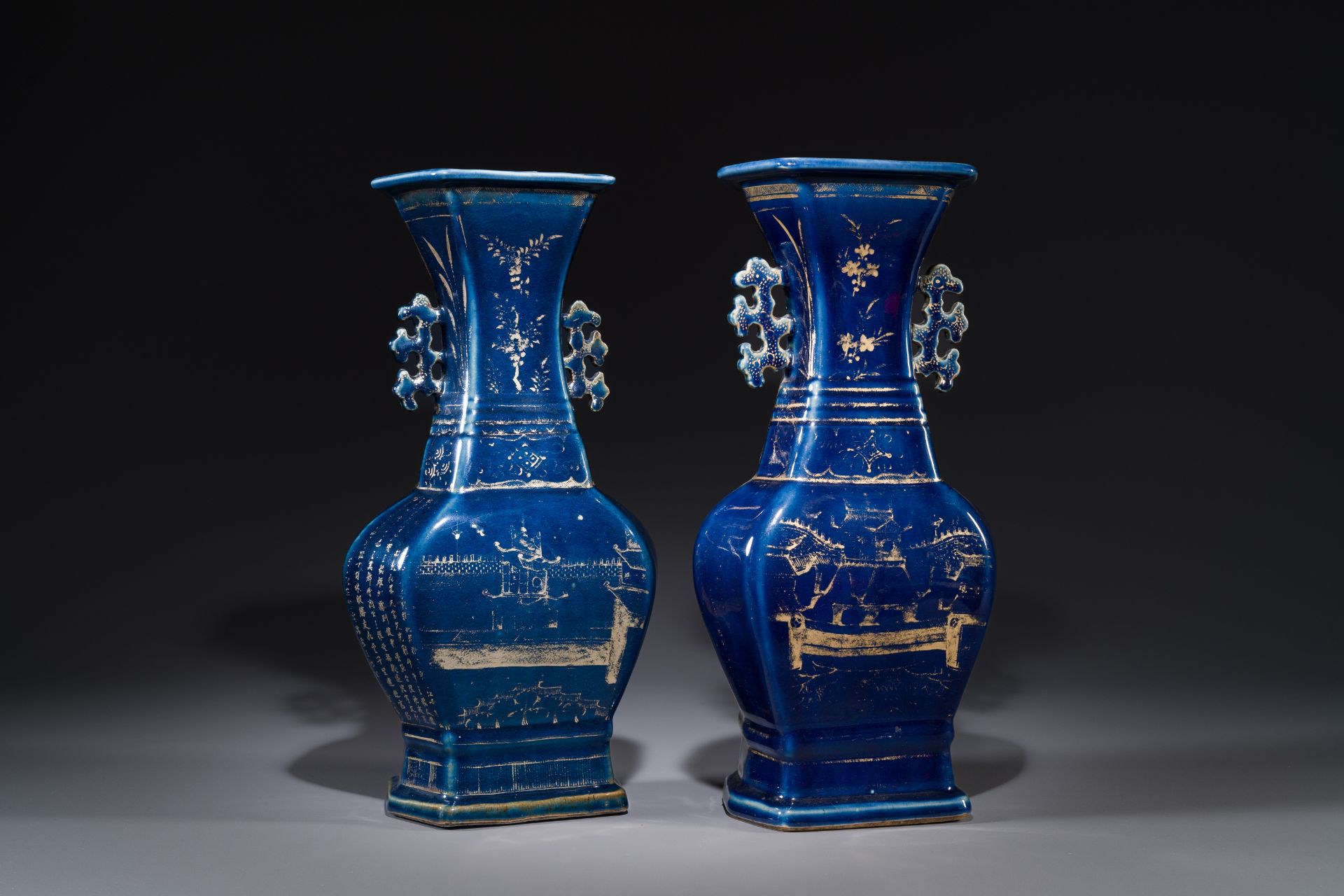 Pair of Chinese gilt-decorated powder-blue vases, Qianlong